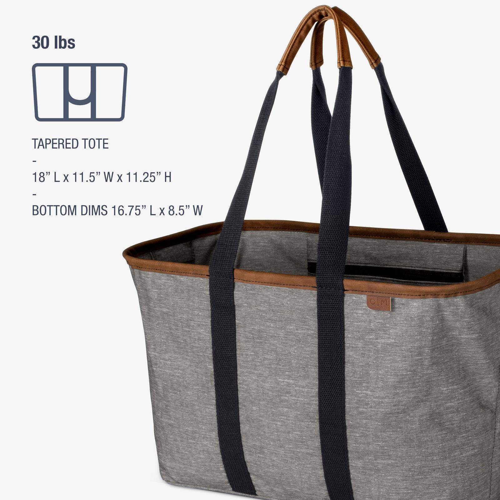 Gray tapered tote bag with brown handles on a white background
