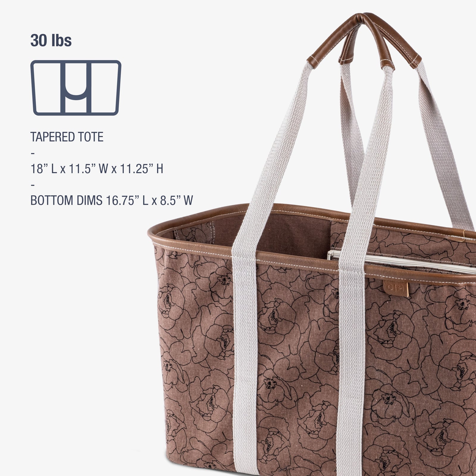 Brown floral-patterned tote bag with white straps on a white background