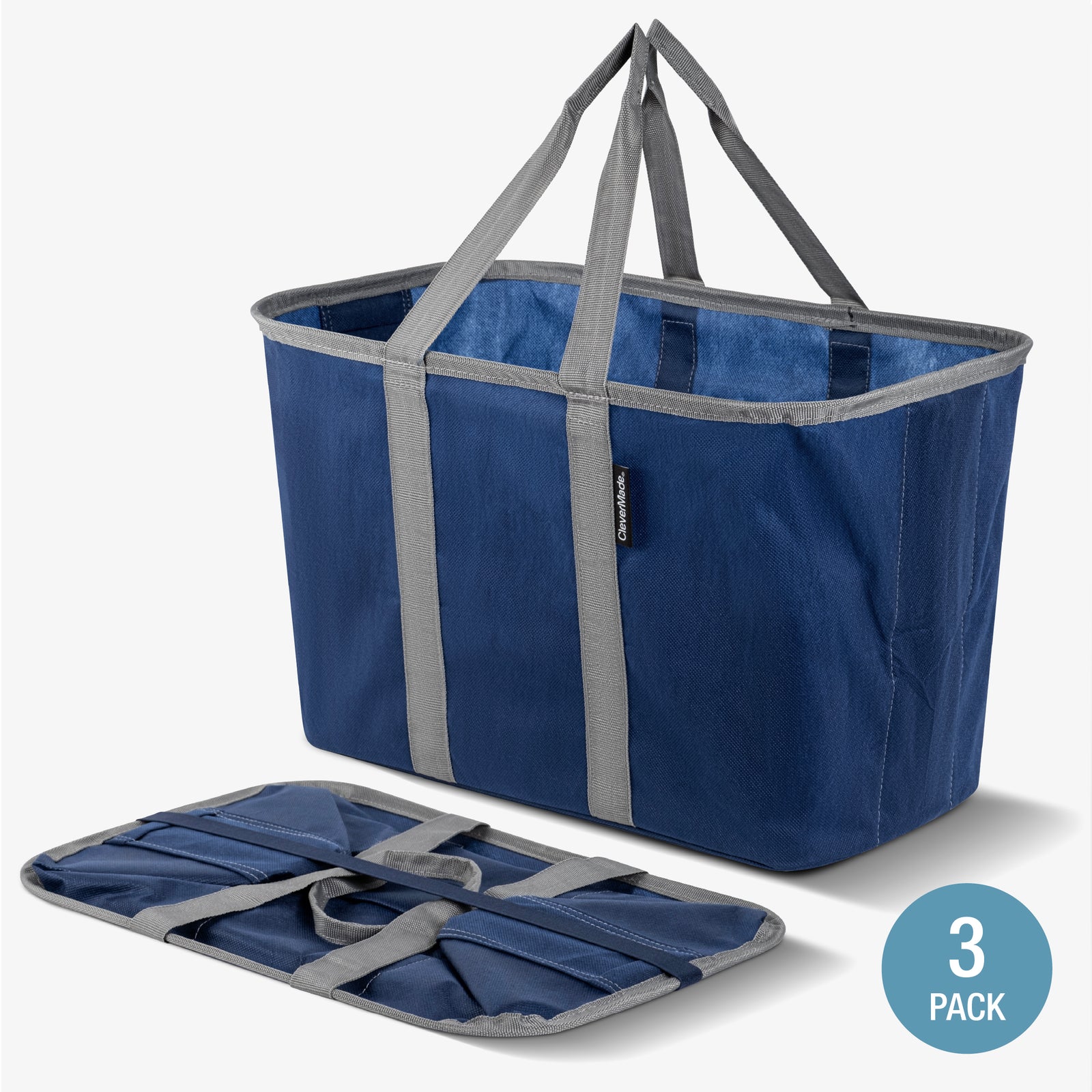A blue and gray pop-up tote with collapsible design and shoulder straps.