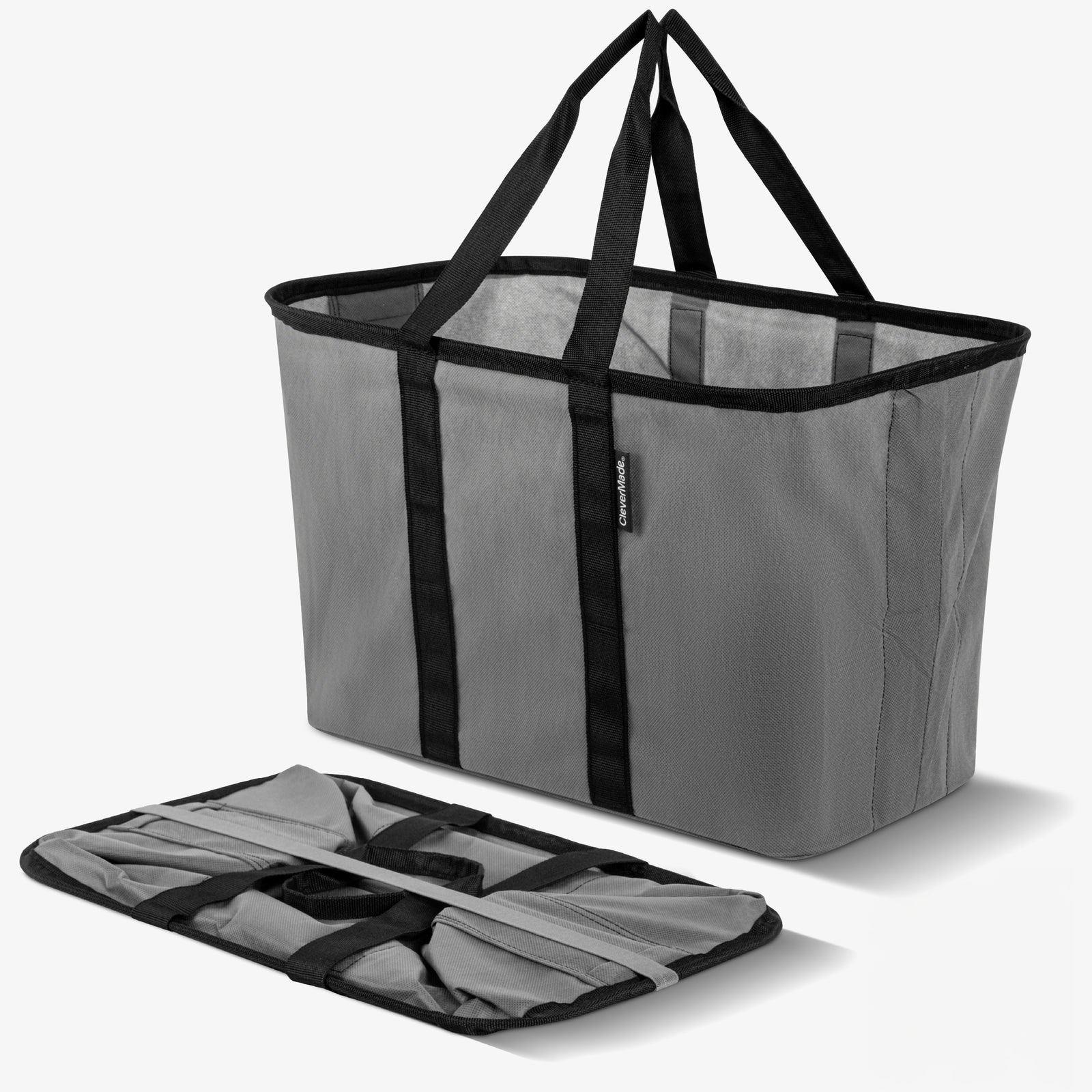 A gray and black pop-up tote with collapsible design and shoulder straps.