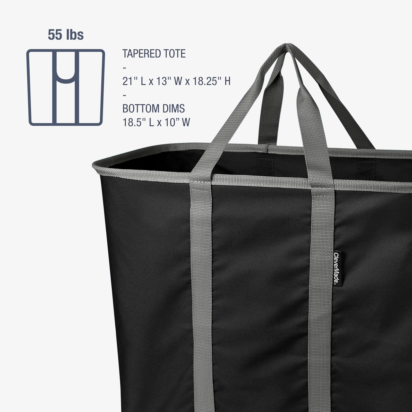 Black tapered tote bag with gray handles and dimensions on a white background