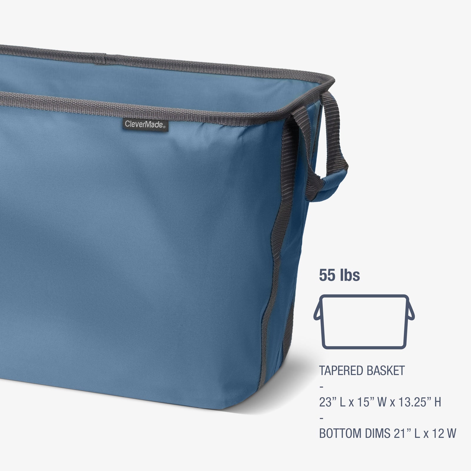 Blue tapered basket with carrying handle and dimensions on a white background