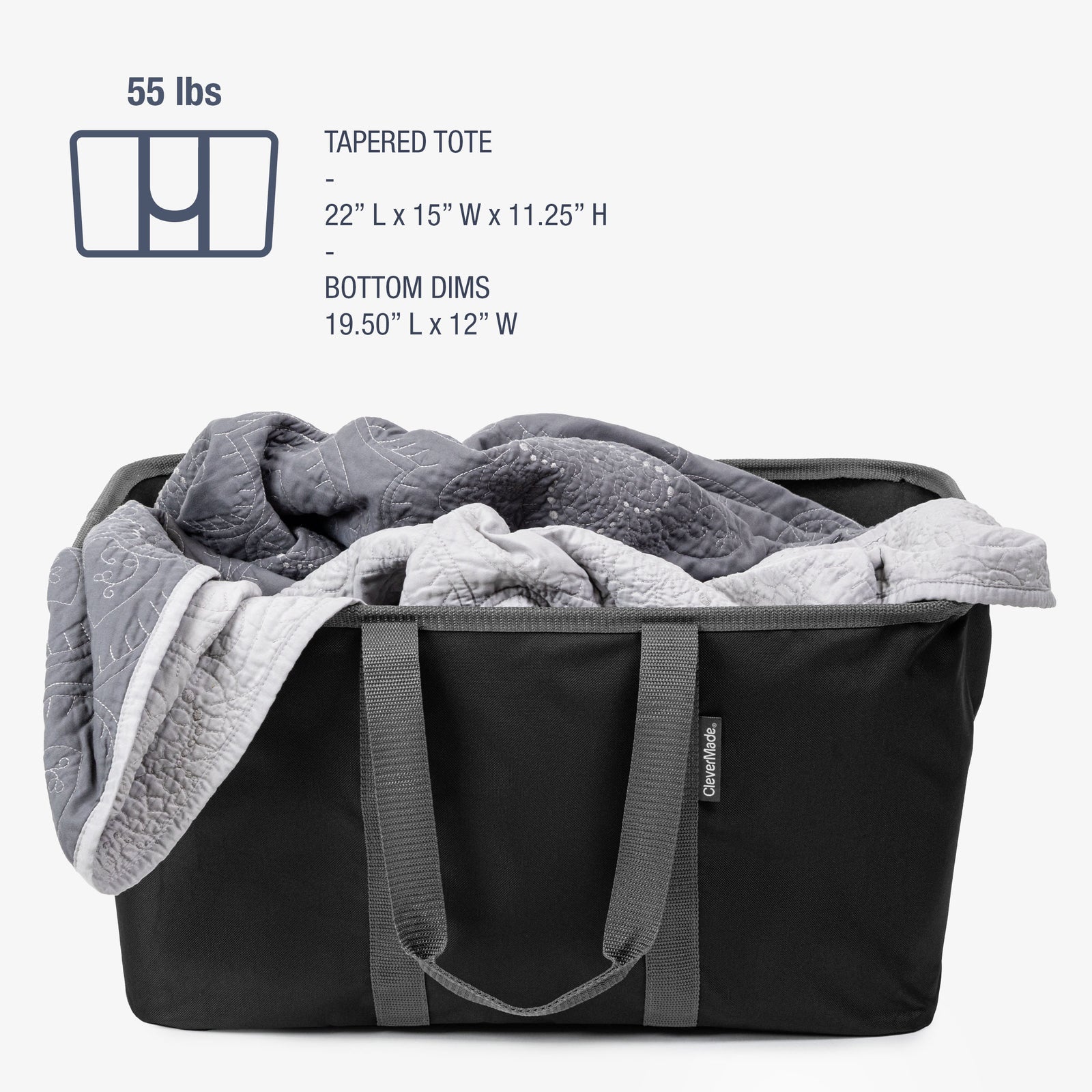 Black tapered tote with gray blanket, showing dimensions and weight capacity on a white background.