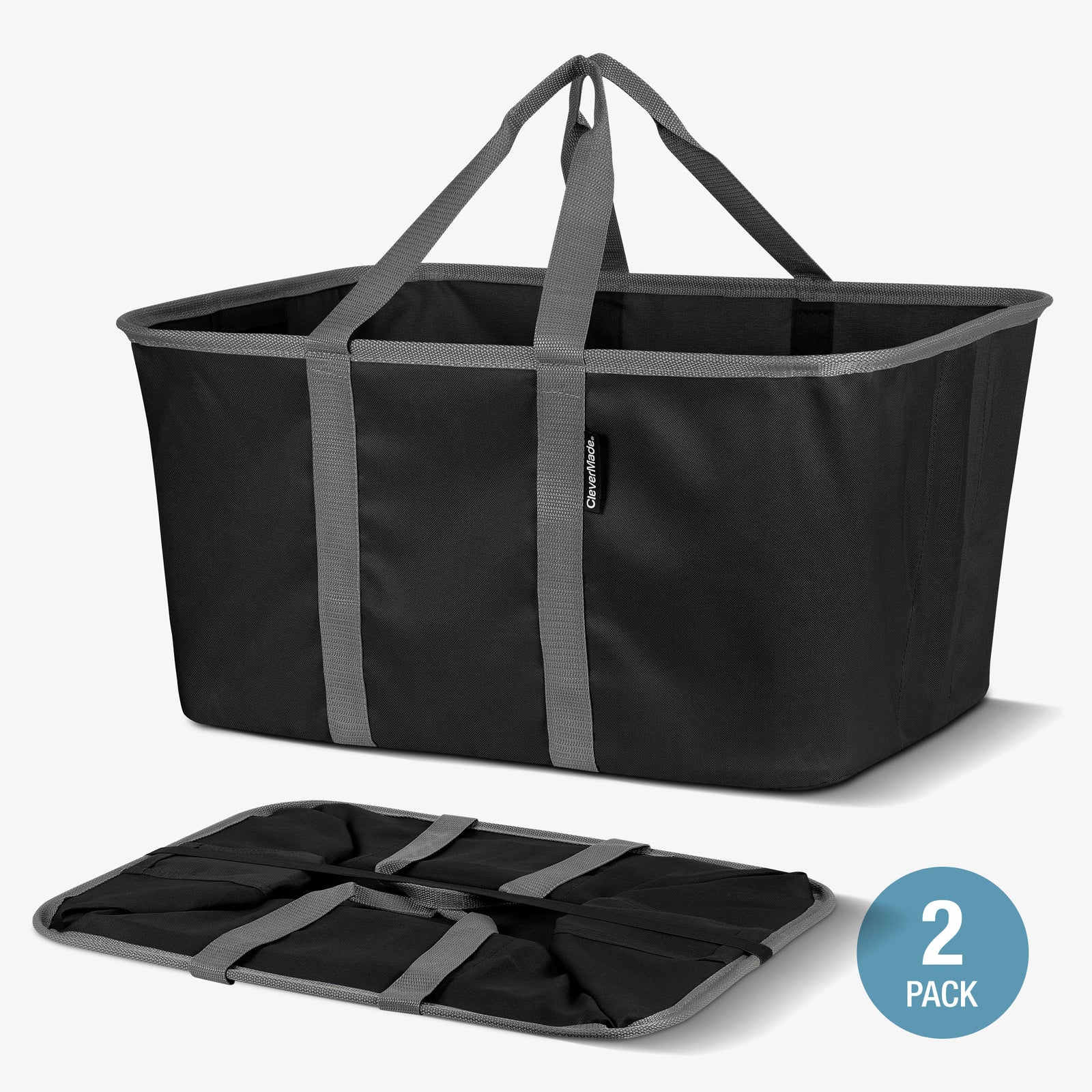 Black and gray collapsible tote with a smaller mat below on a white background