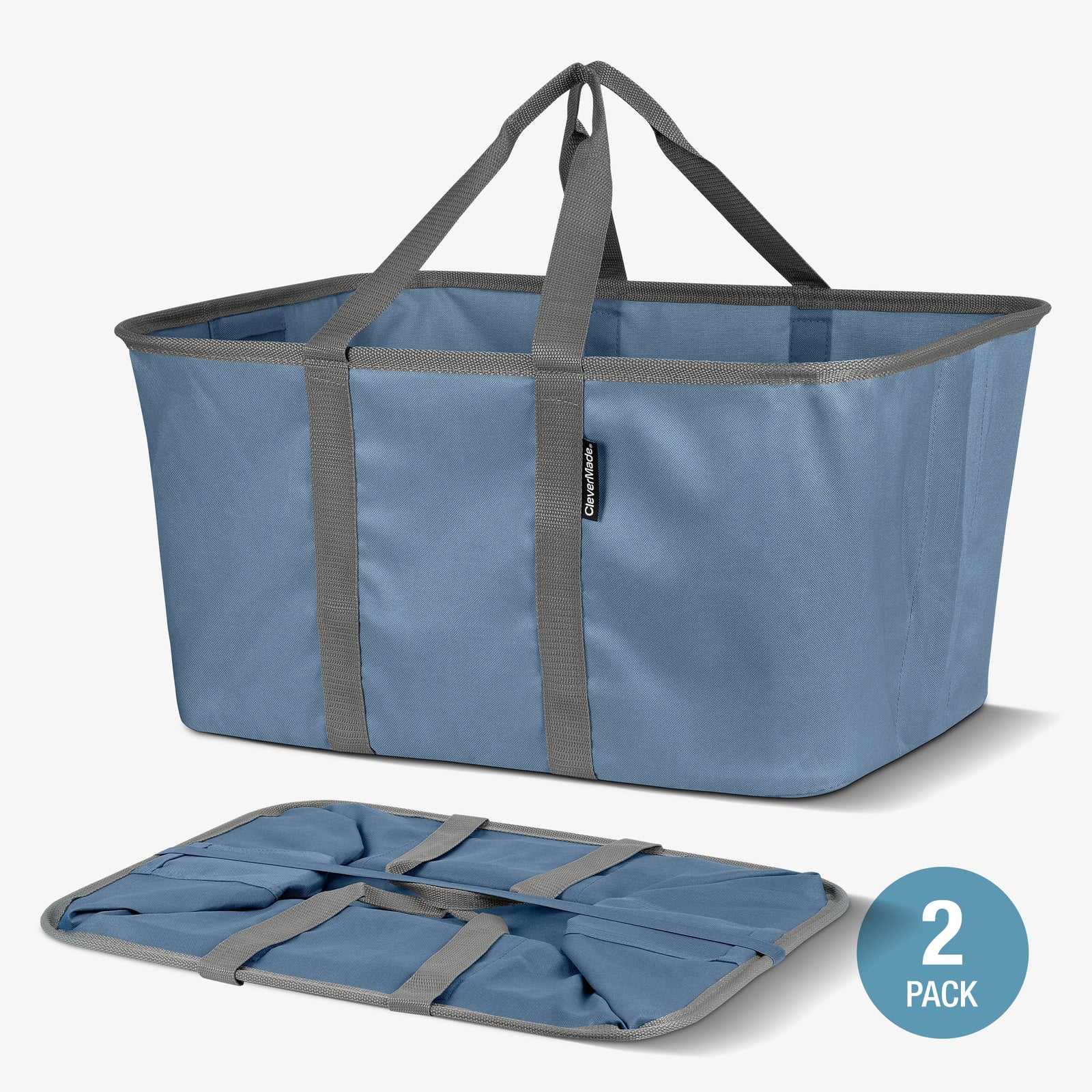 Blue folding shopping cart with gray handles on a white background