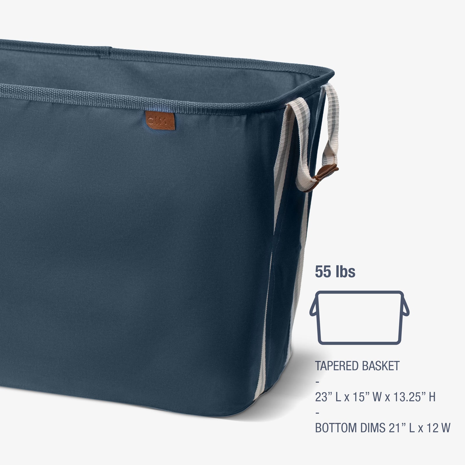 Navy tapered basket with dimensions and weight information on a white background