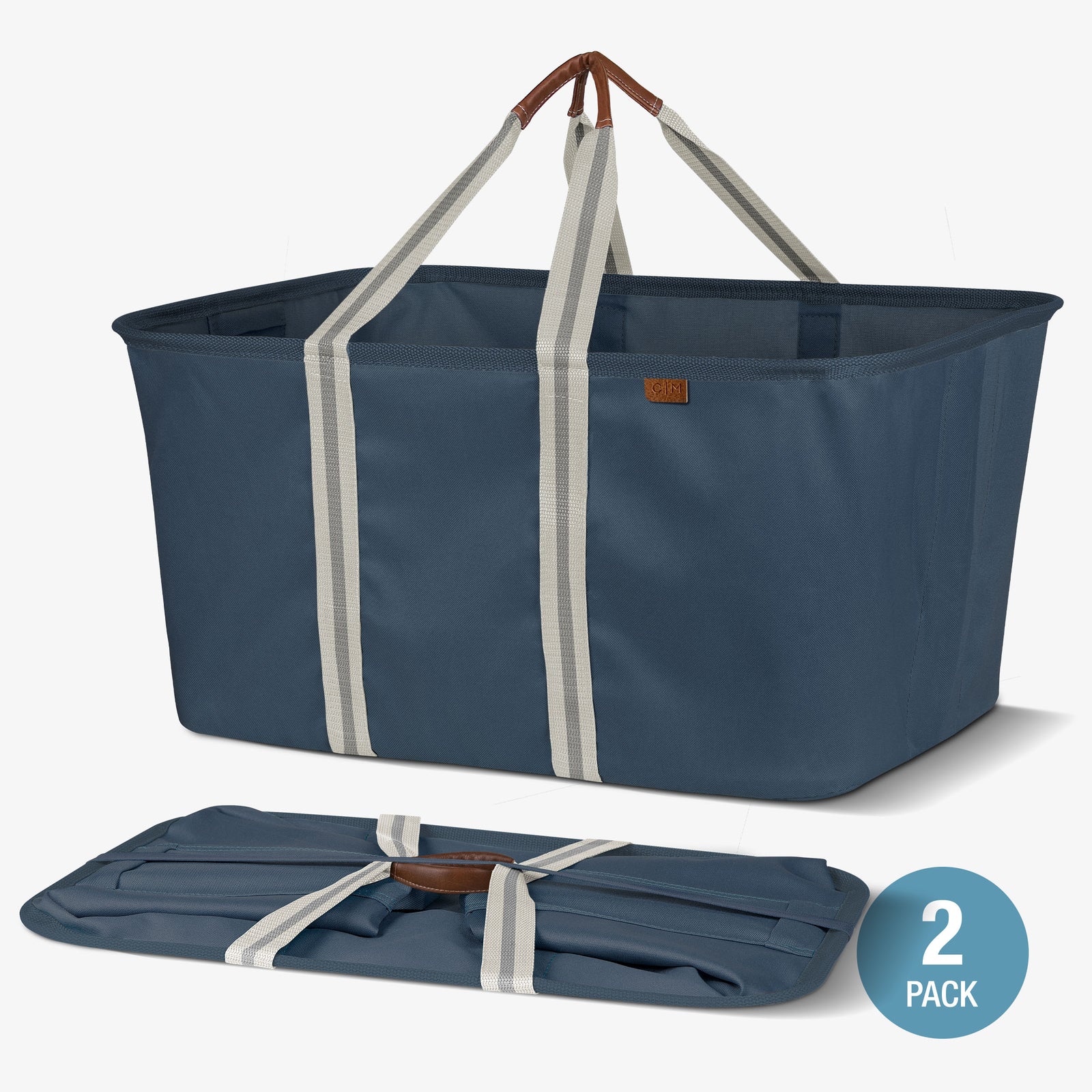 Blue folding laundry basket with white straps and brown handles on a white background