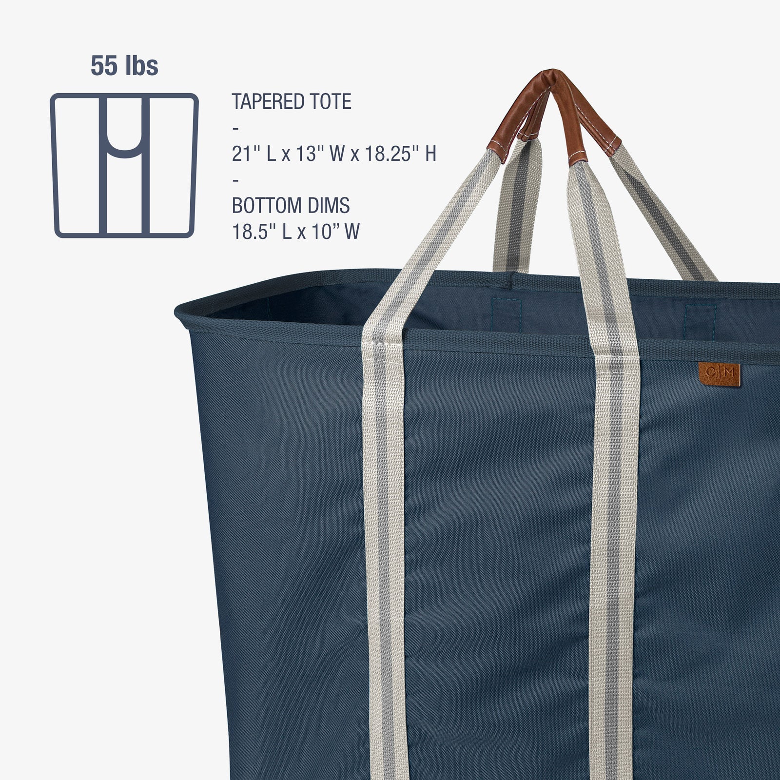 Navy tapered tote bag with brown handles on a white background