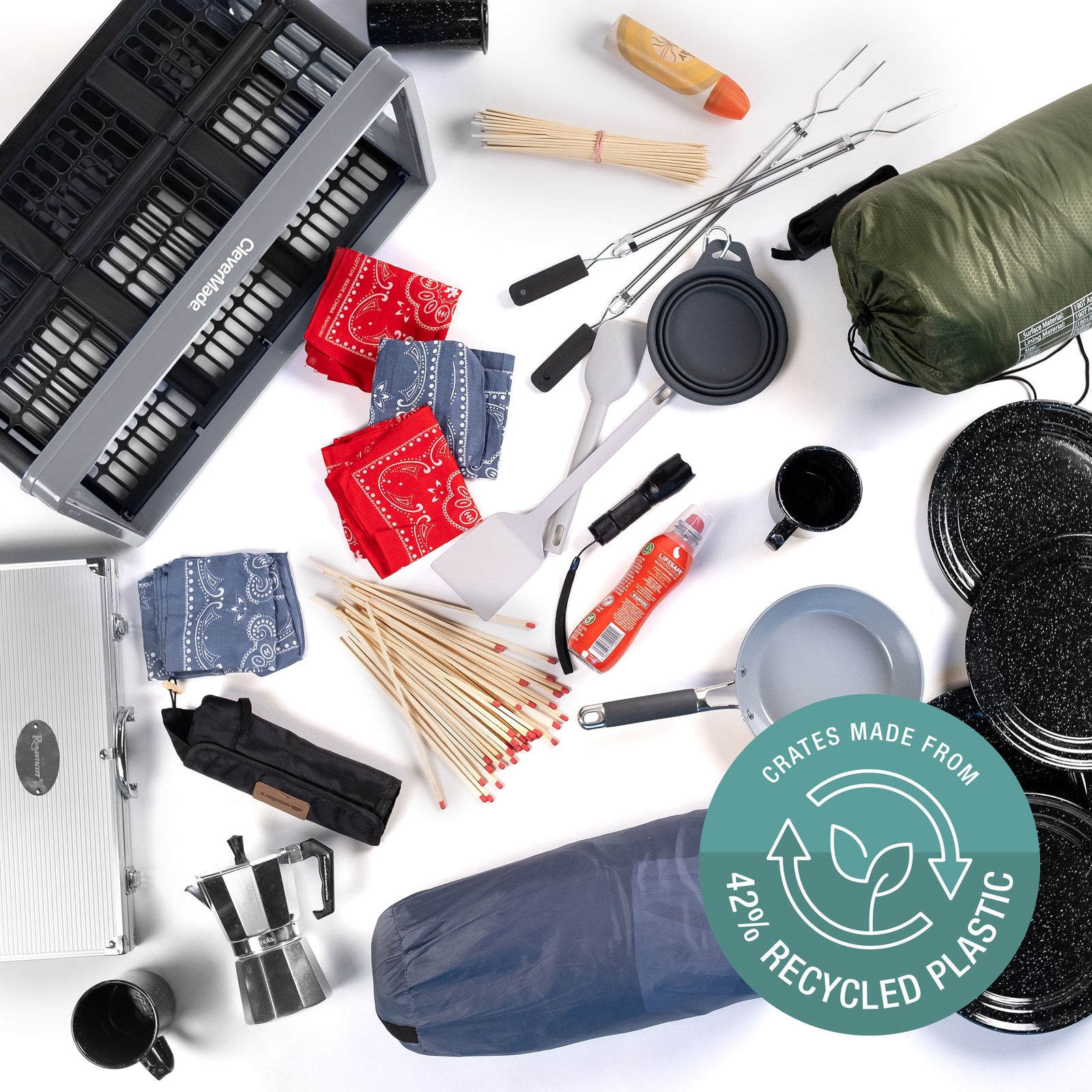 Collection of camping and outdoor gear and gray collapsible utility crates
on a white background with a recycling logo.