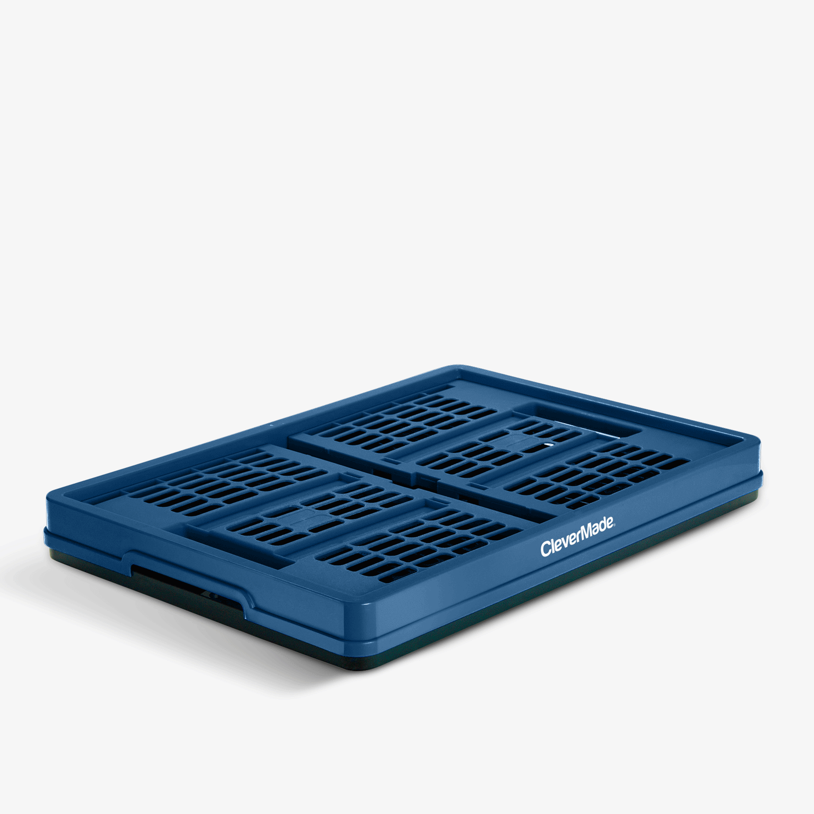 Collapsing and folding blue and black collapsible utility crates with 'CleverMade' branding on a white background