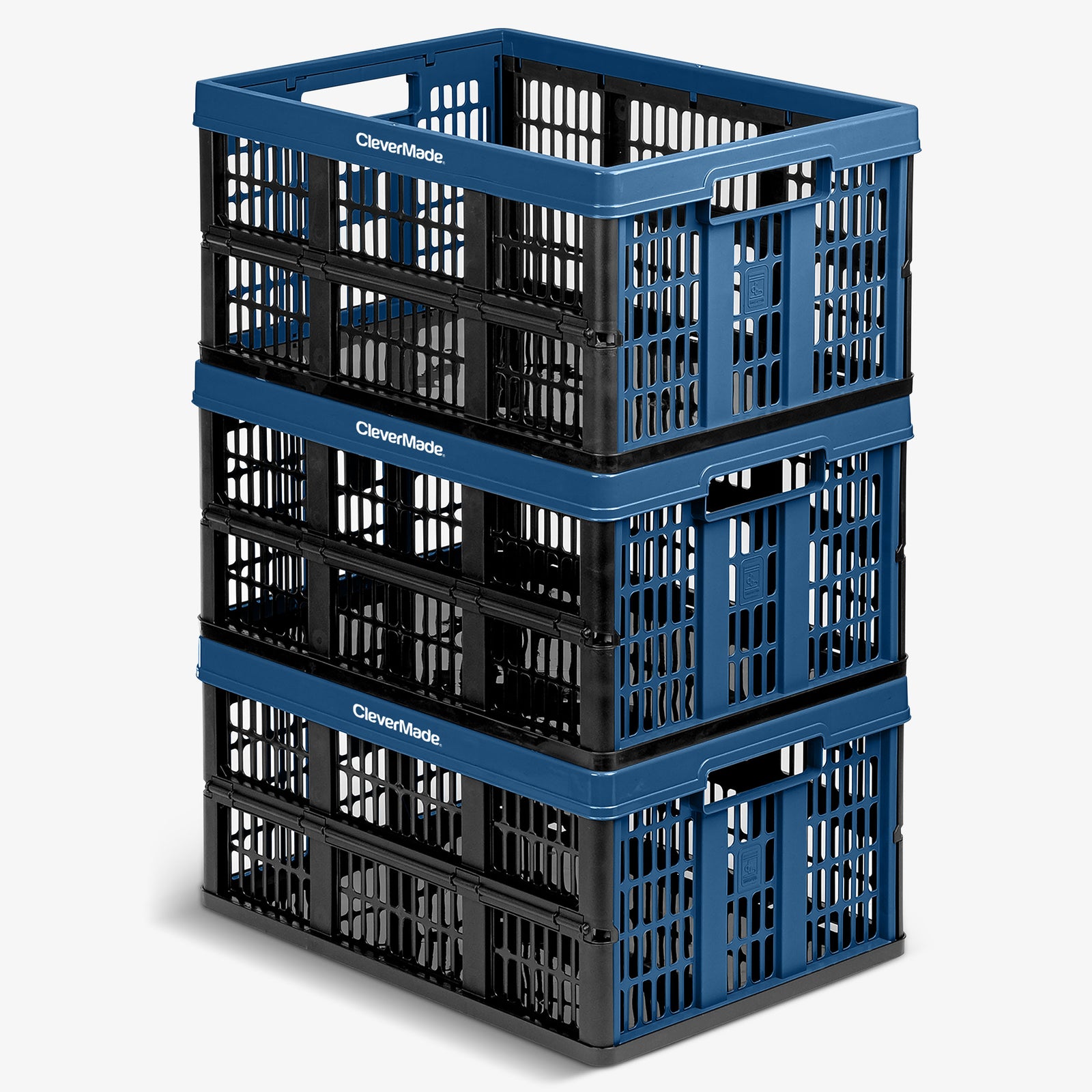 Stack of blue and black collapsible utility crates with 'CleverMade' branding on a white background