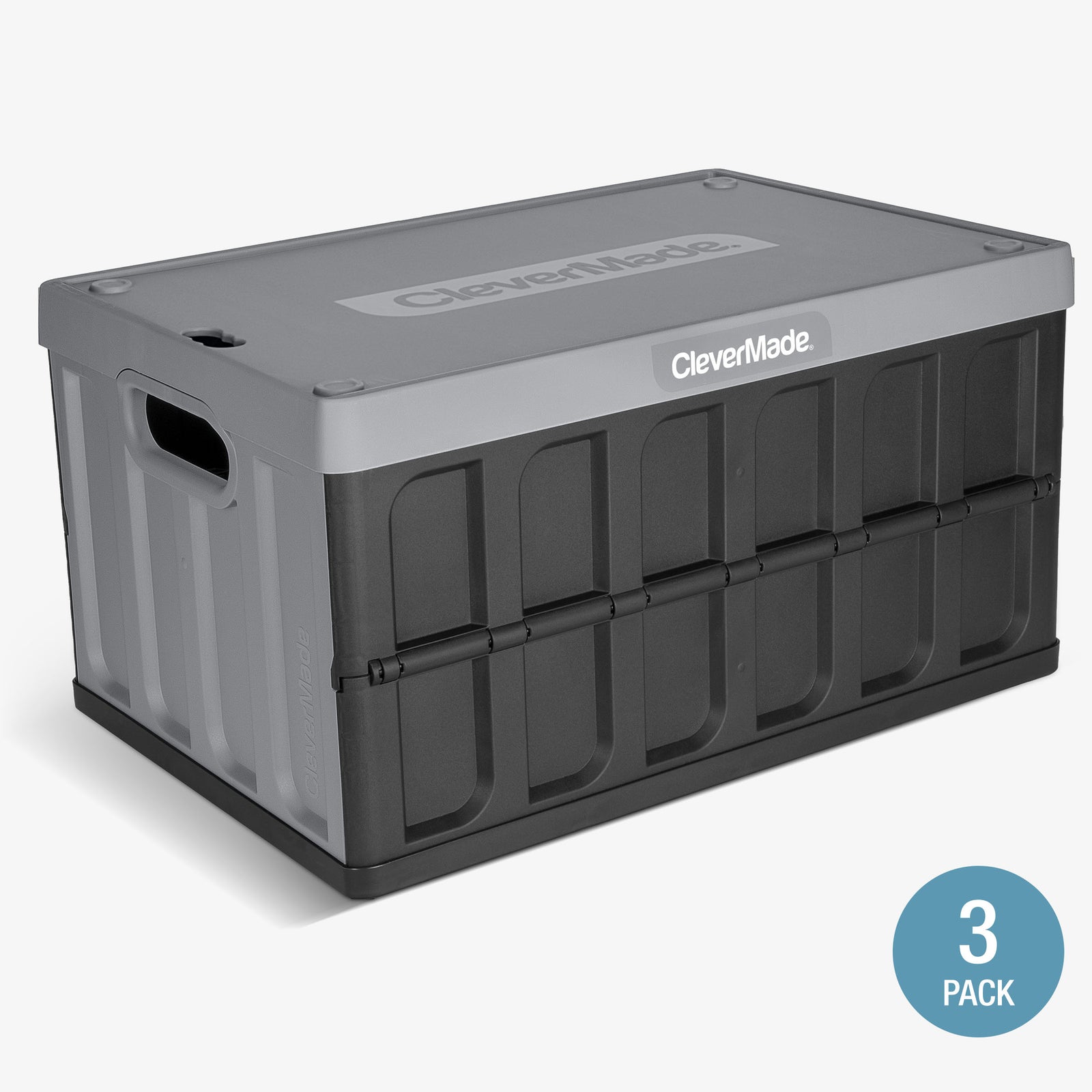 A gray and black collapsible storage bins with lid with the brand name 'CleverMade' visible on the lid