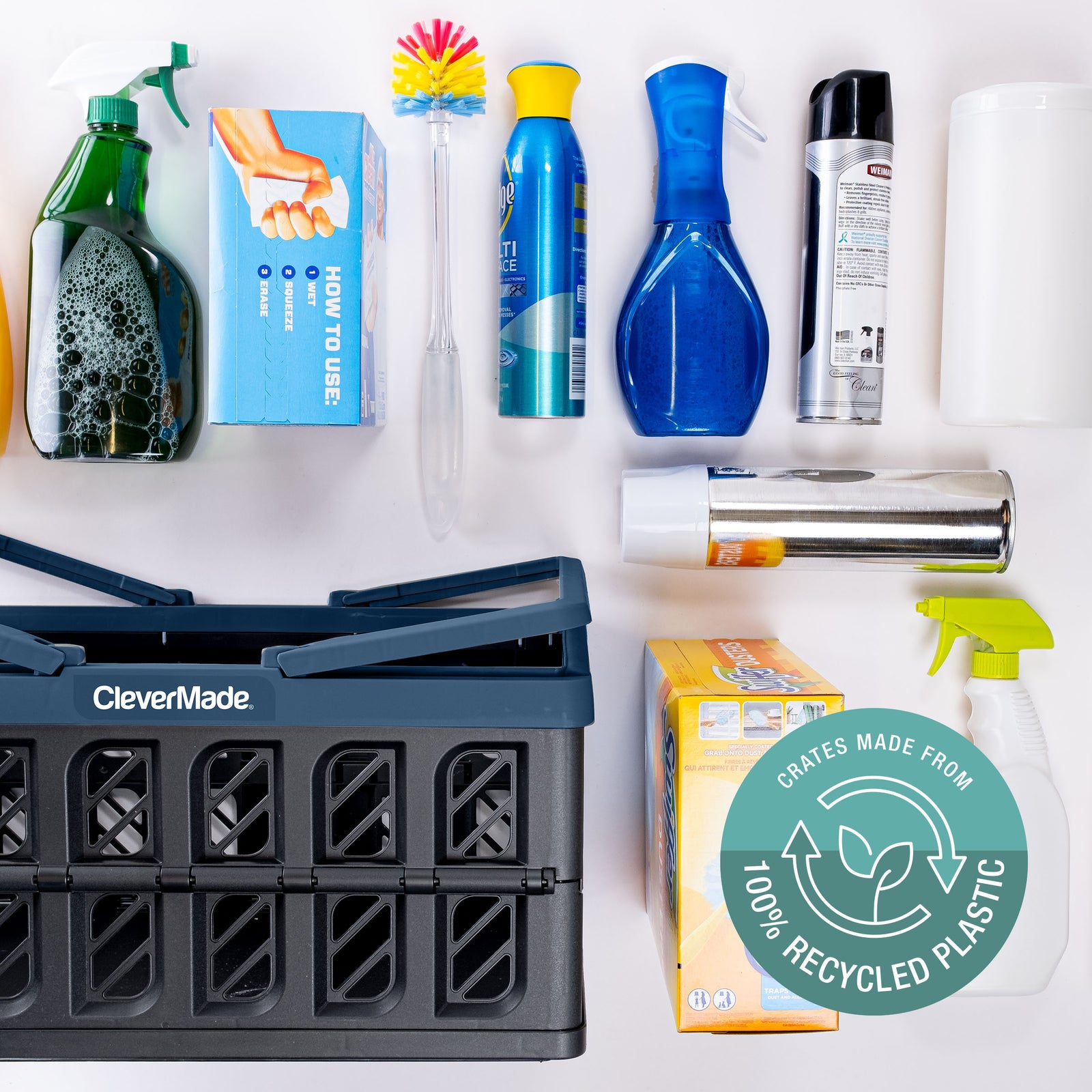 A navy and black collapsible shopping basket made from 100% recycled plastic for carrying Cleaning supplies