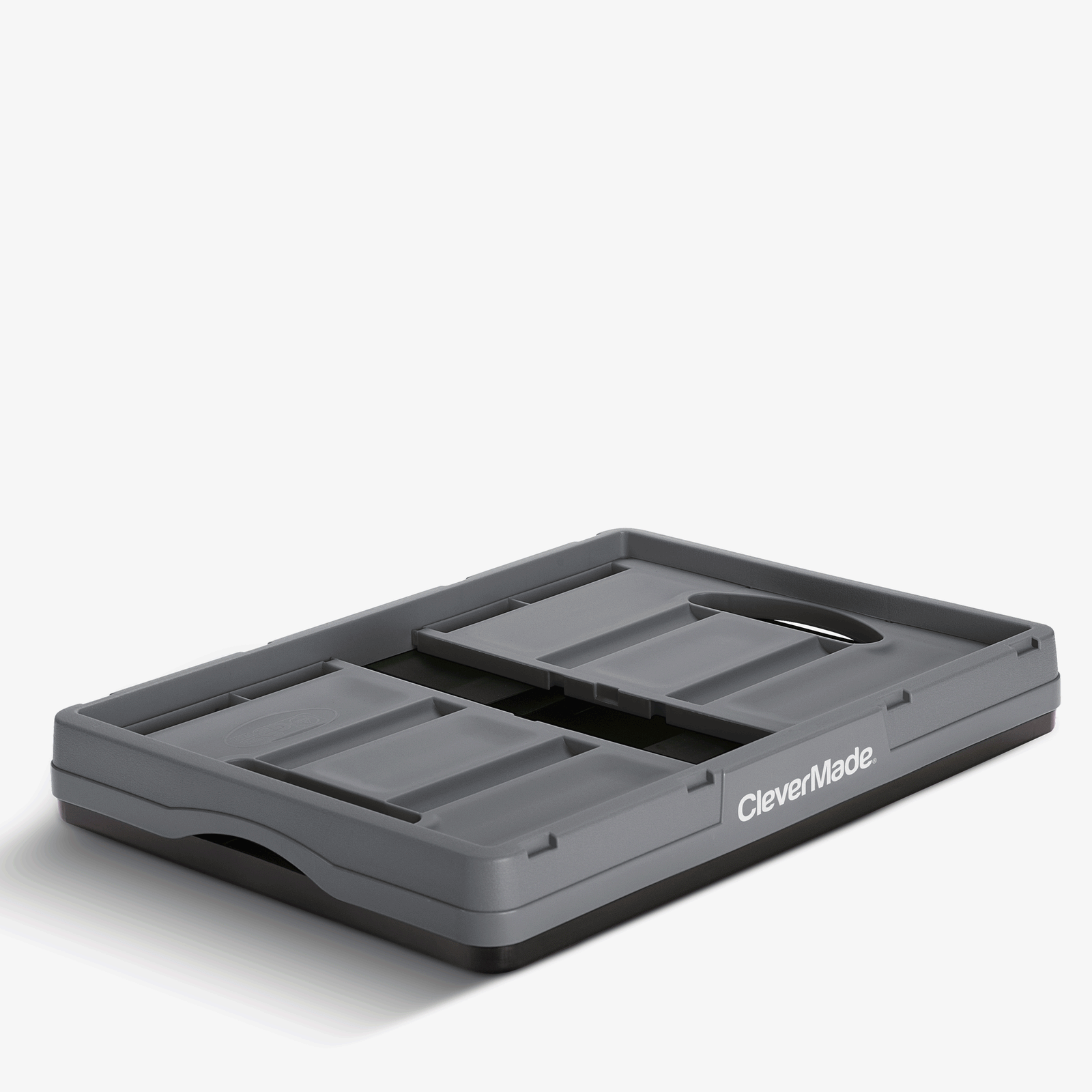 A gray-black collapsible storage bins with the brand name 'CleverMade' visible on the side of the front bin.