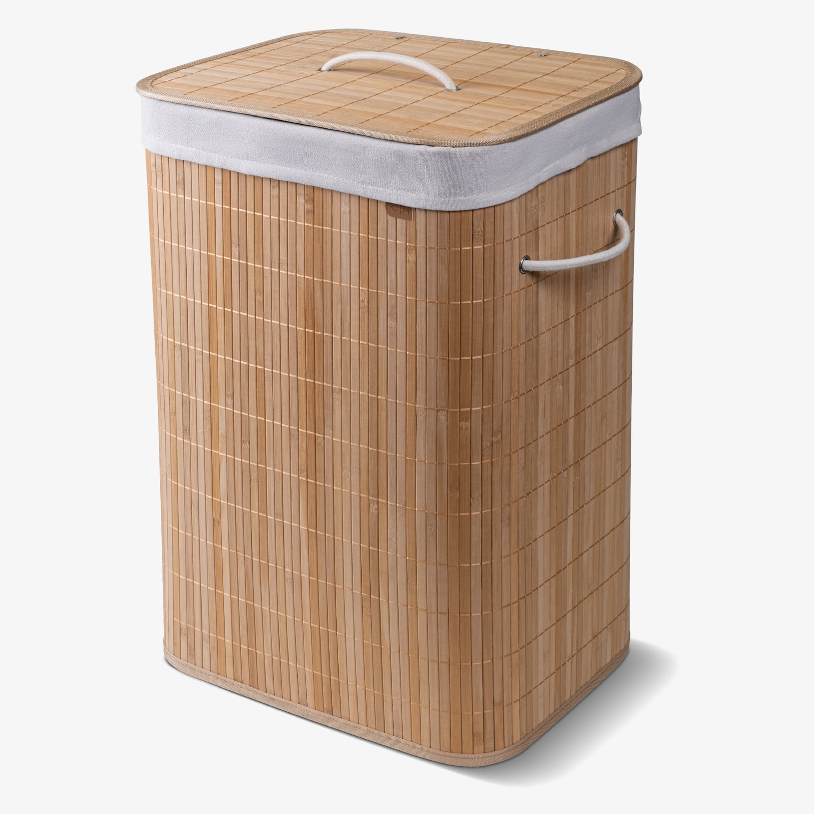 A collapsible bamboo laundry hamper with a lid and handles, featuring a natural beige color.