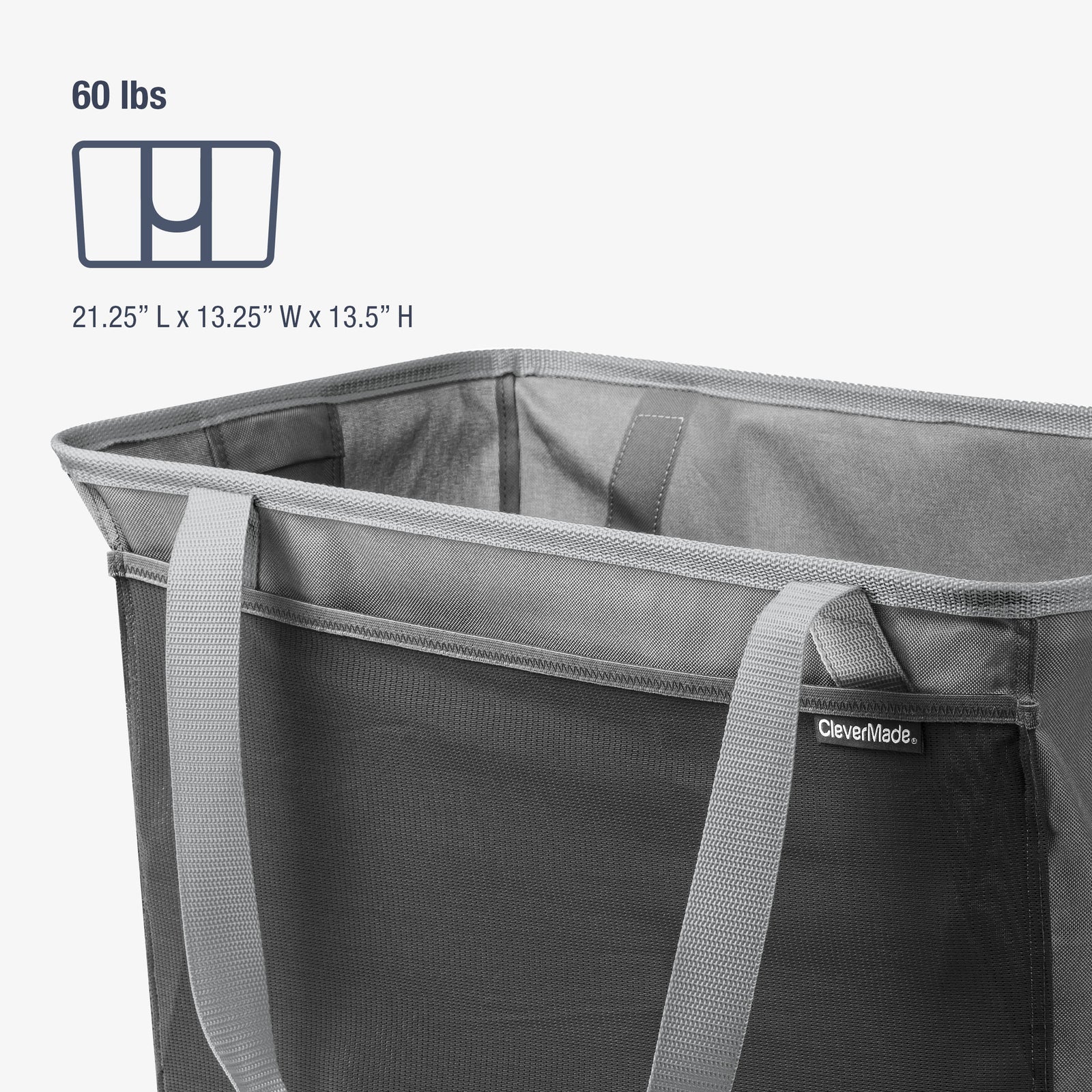 Gray CleverMade laundry tote bag with dimensions and weight capacity on a white background