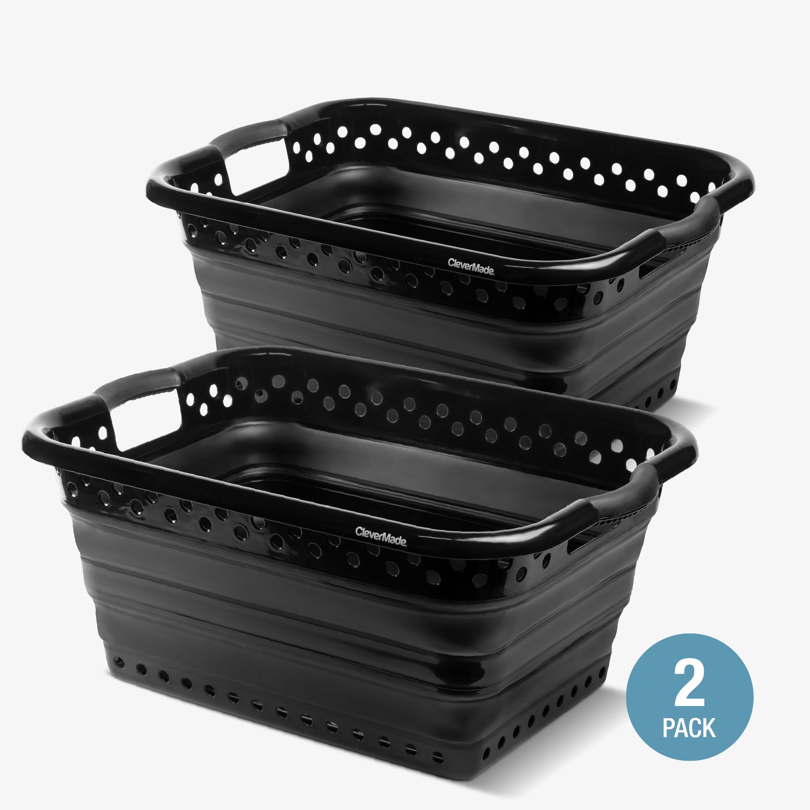 Two black collapsible plastic laundry baskets with handles on a white background, featuring the brand name 'CleverMade'.