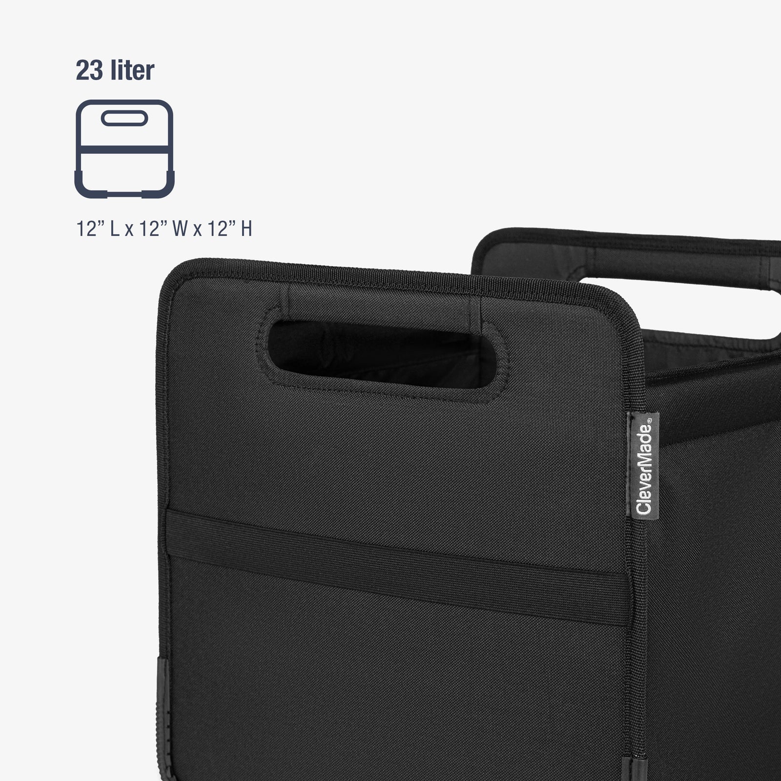 Black folding trunk caddy with dimensions and volume information on a white background