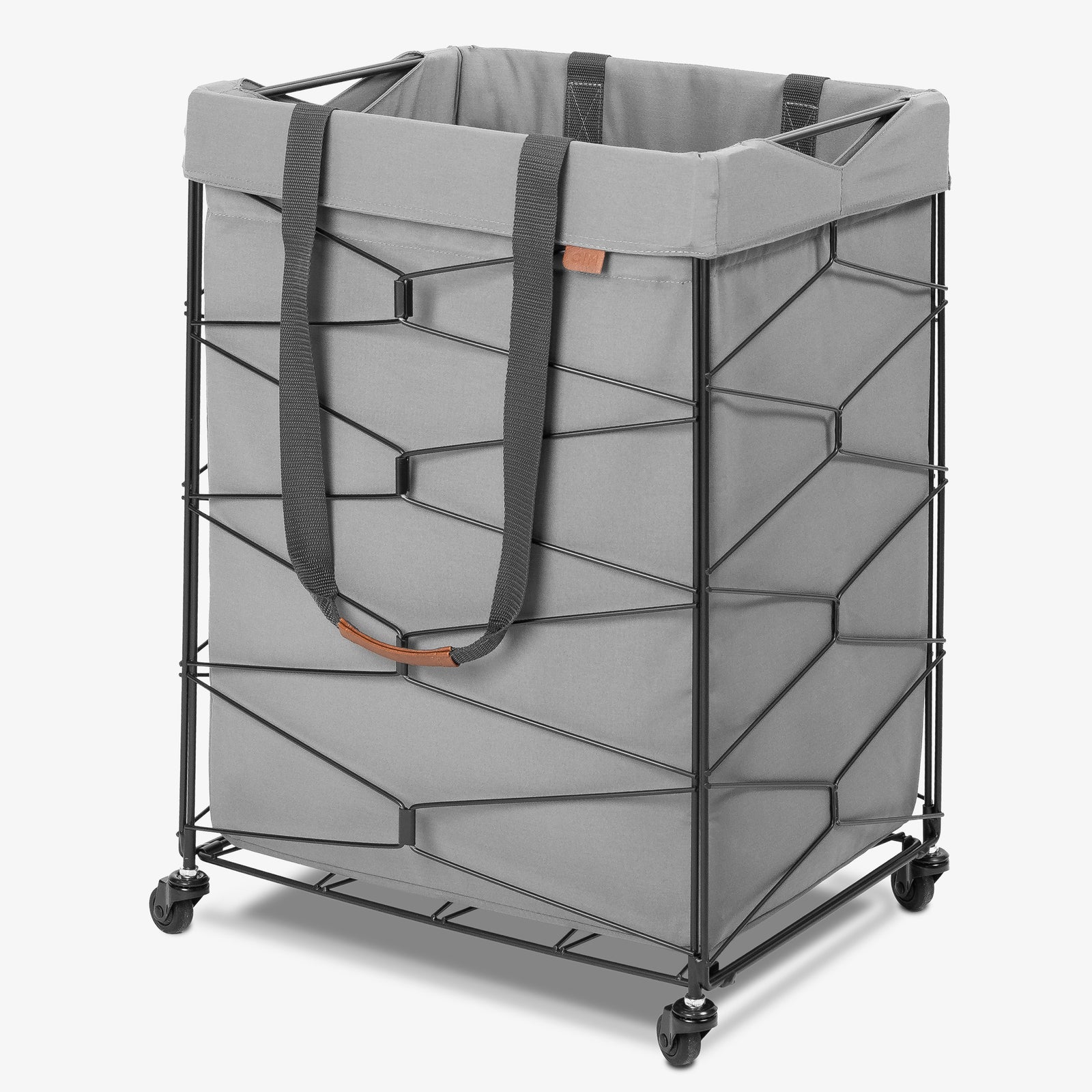 Gray laundry basket with geometric design and wheels on a white background