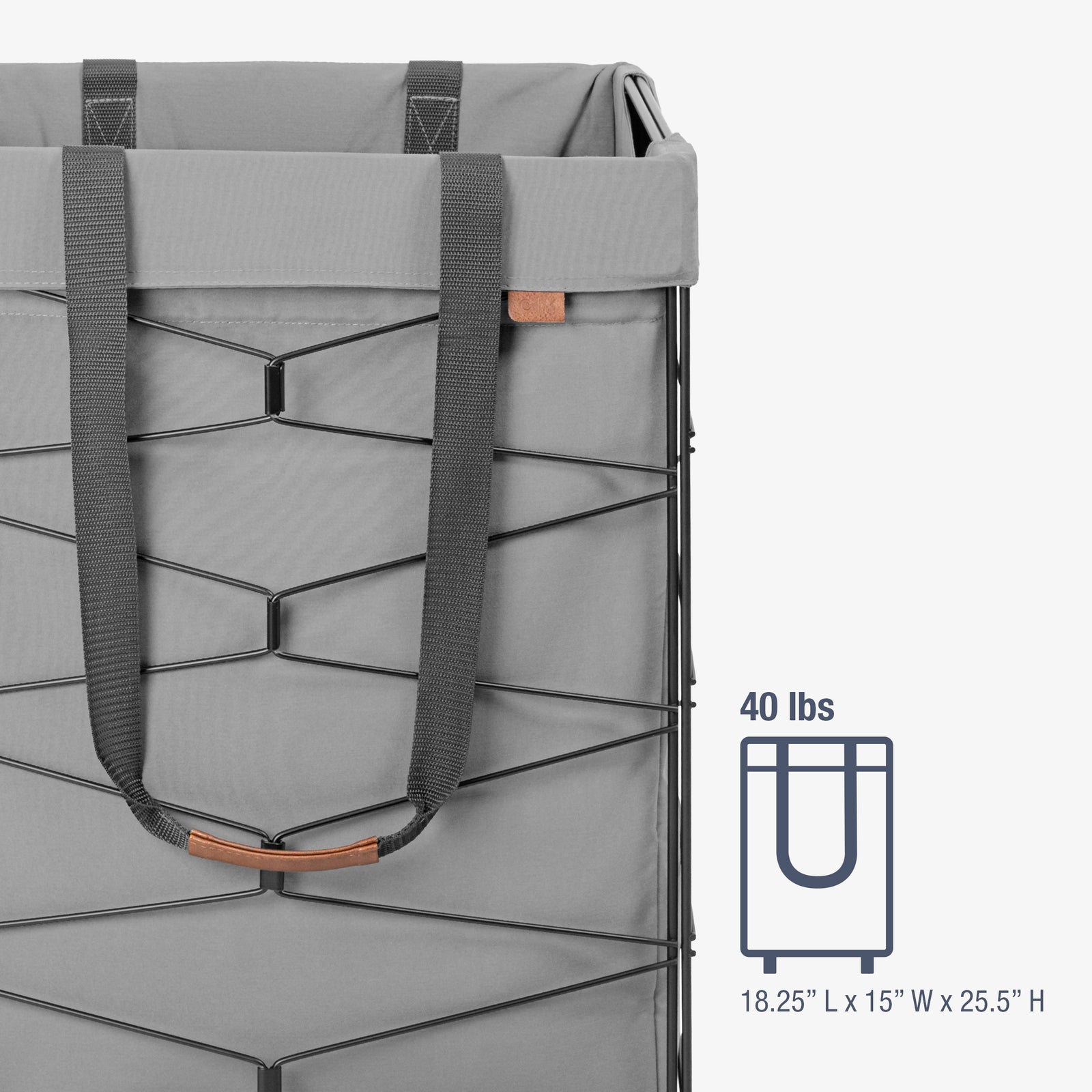 Gray storage bin with handles and dimensions displayed on a white background