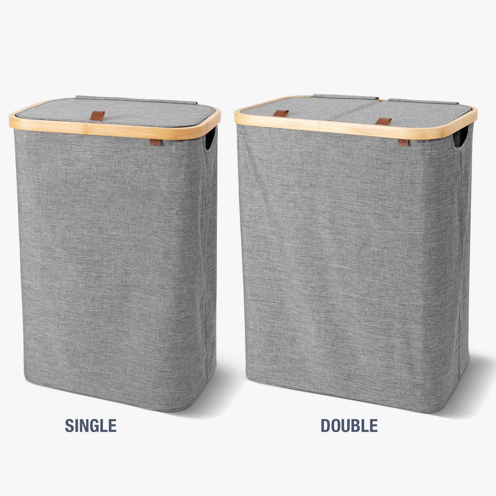 Two gray laundry baskets, one labeled 'Single' and one labeled 'Double', on a white background.