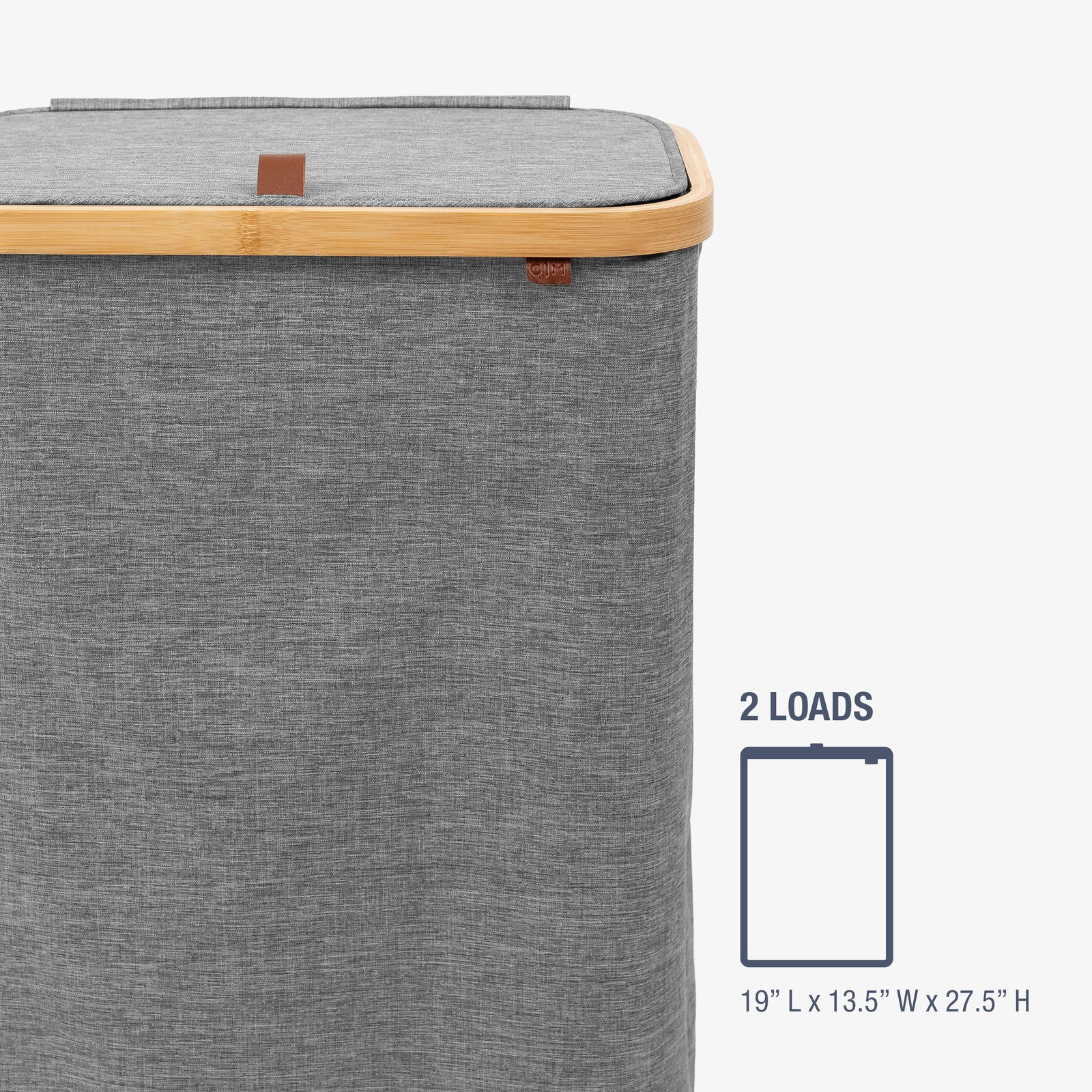 Gray laundry basket with wooden handle and dimensions on a white background