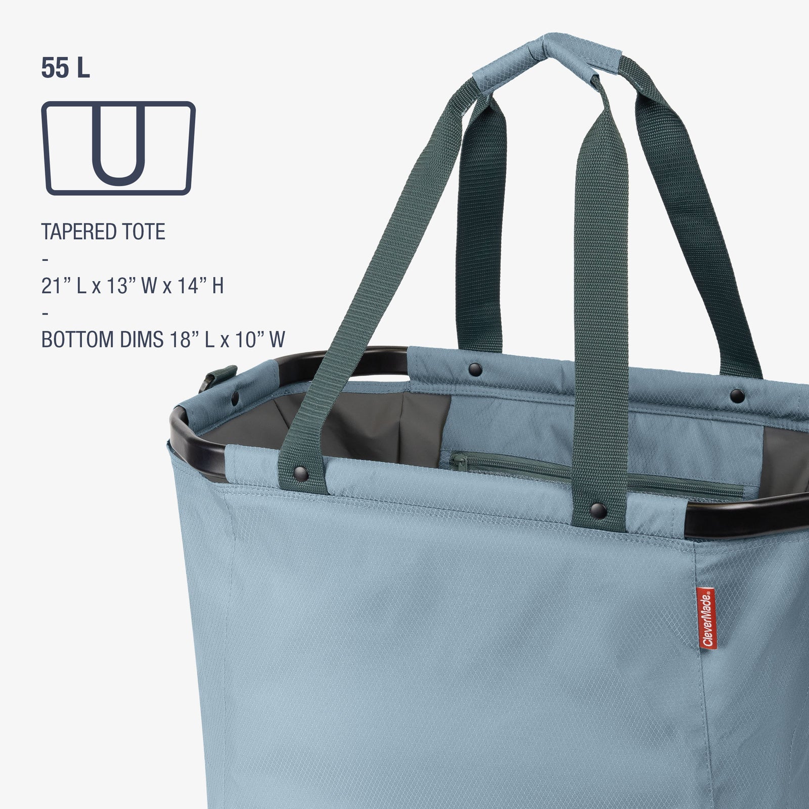 Blue tote bag with green handles on a white background