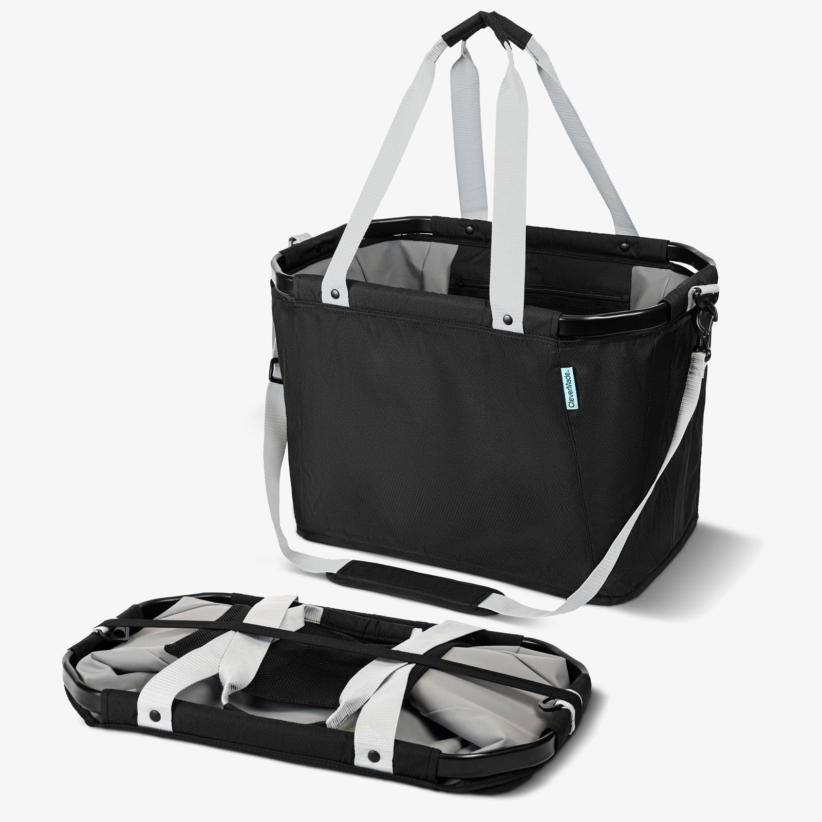 Black and white collapsible tote bag on a white background