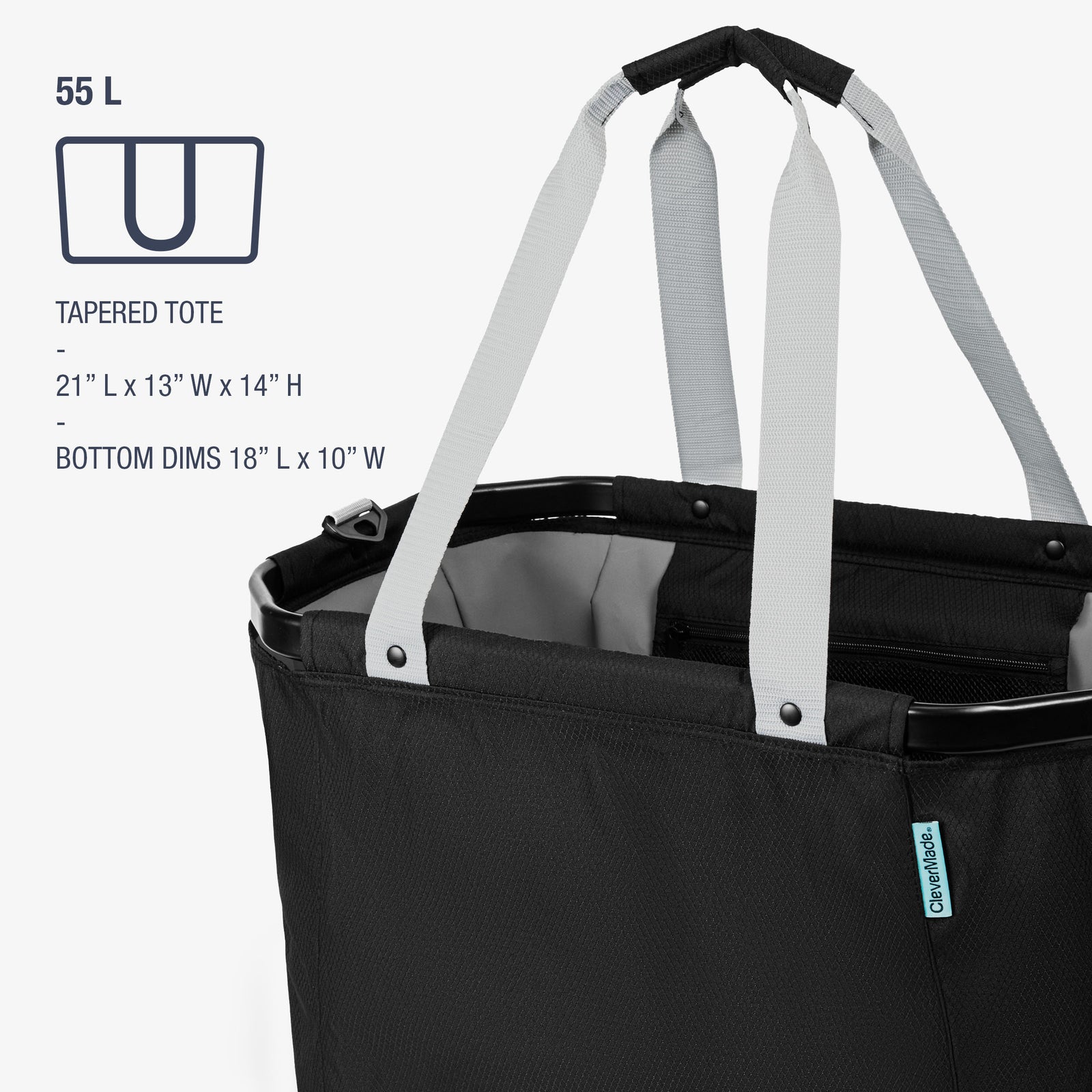 Black tapered tote bag with gray handles on a white background, featuring dimensions and capacity details.