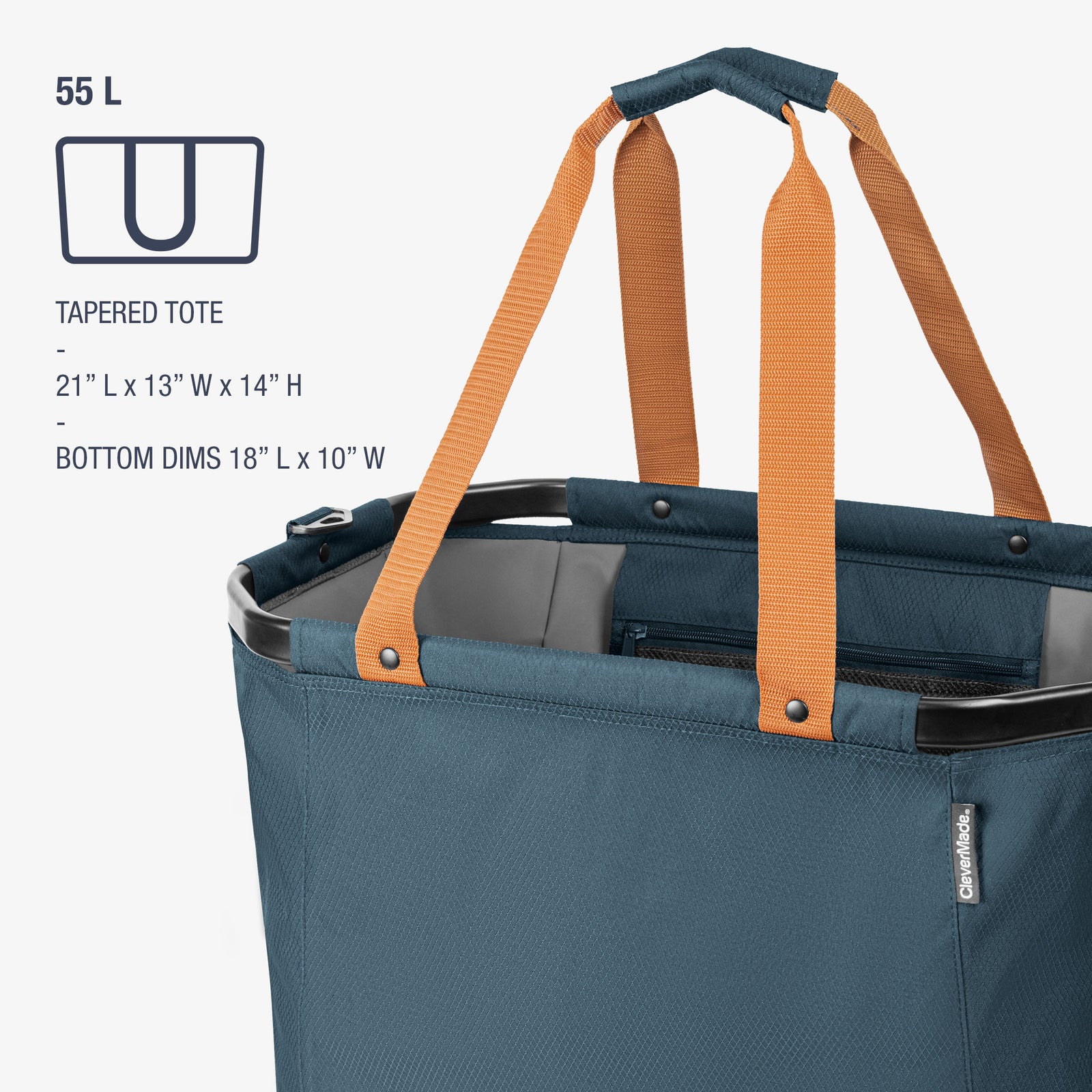 Blue tote bag with brown straps on a white background