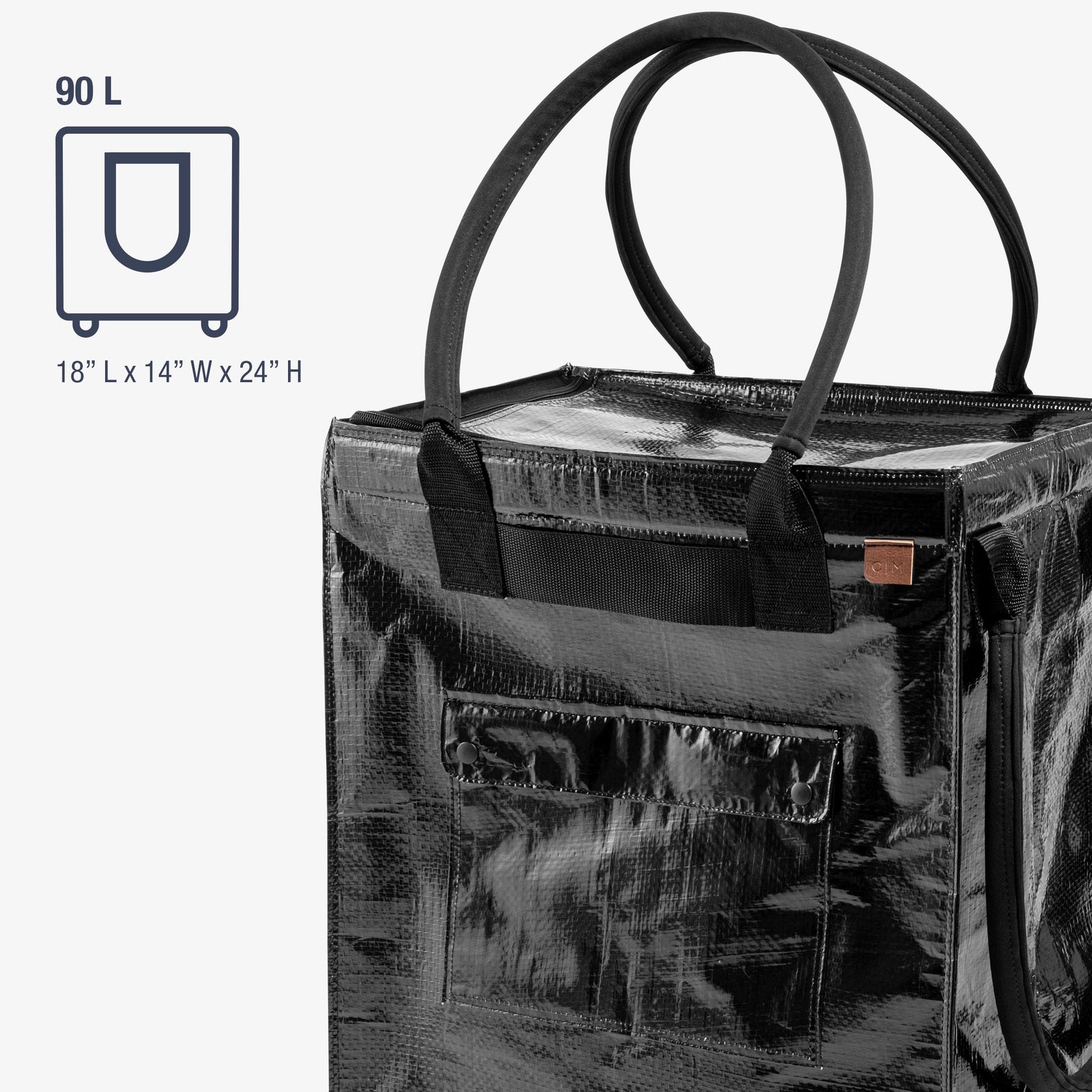 Black tote bag with handle and pocket on a white background