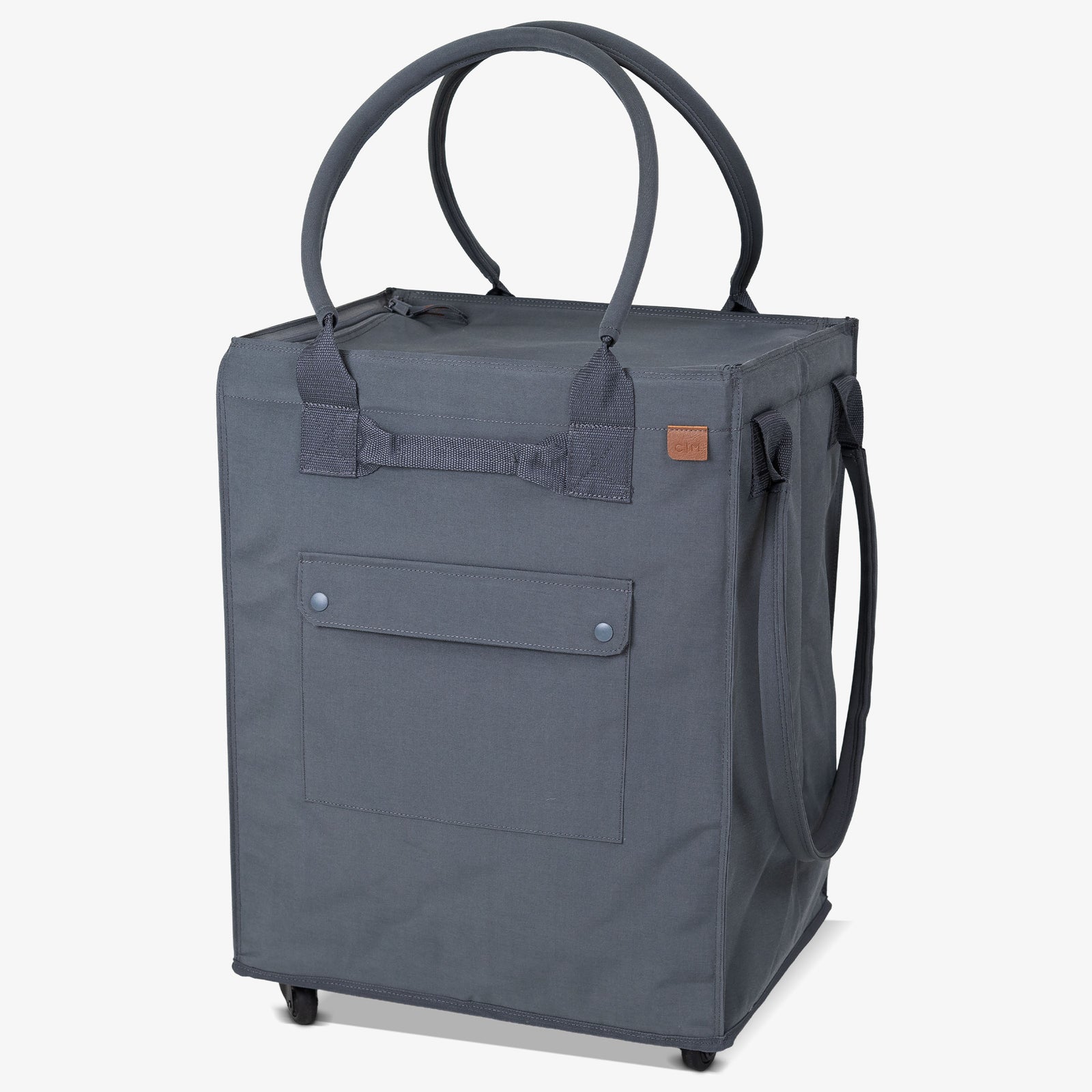 Gray rolling bag with a handle on a white background