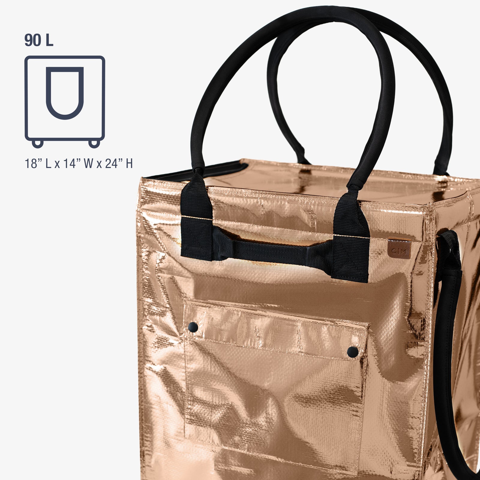 Rose gold tote bag with black handles and measurements on a white background