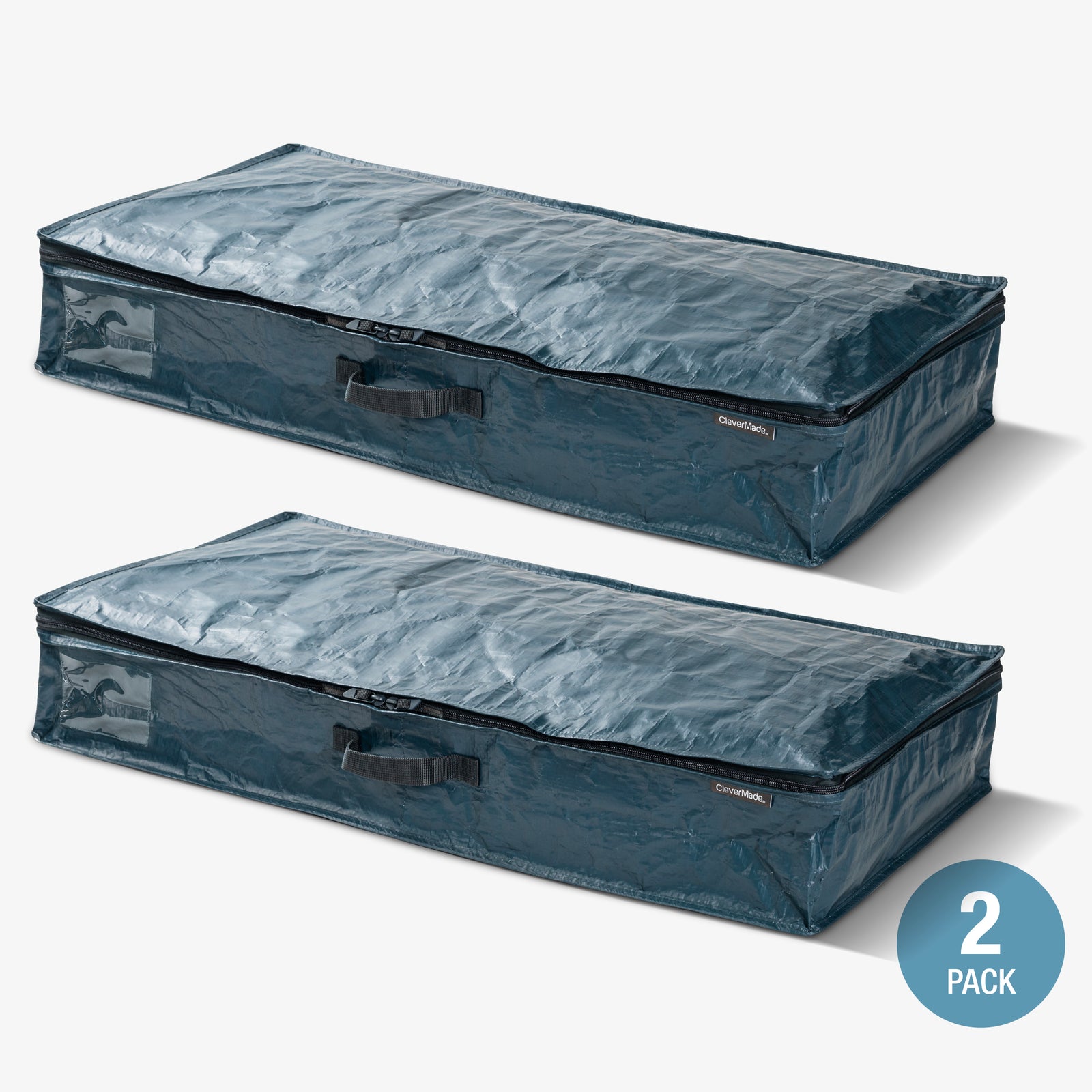 Two CleverMade blue storage bags with a handle on a white background, labeled as a 2-pack.