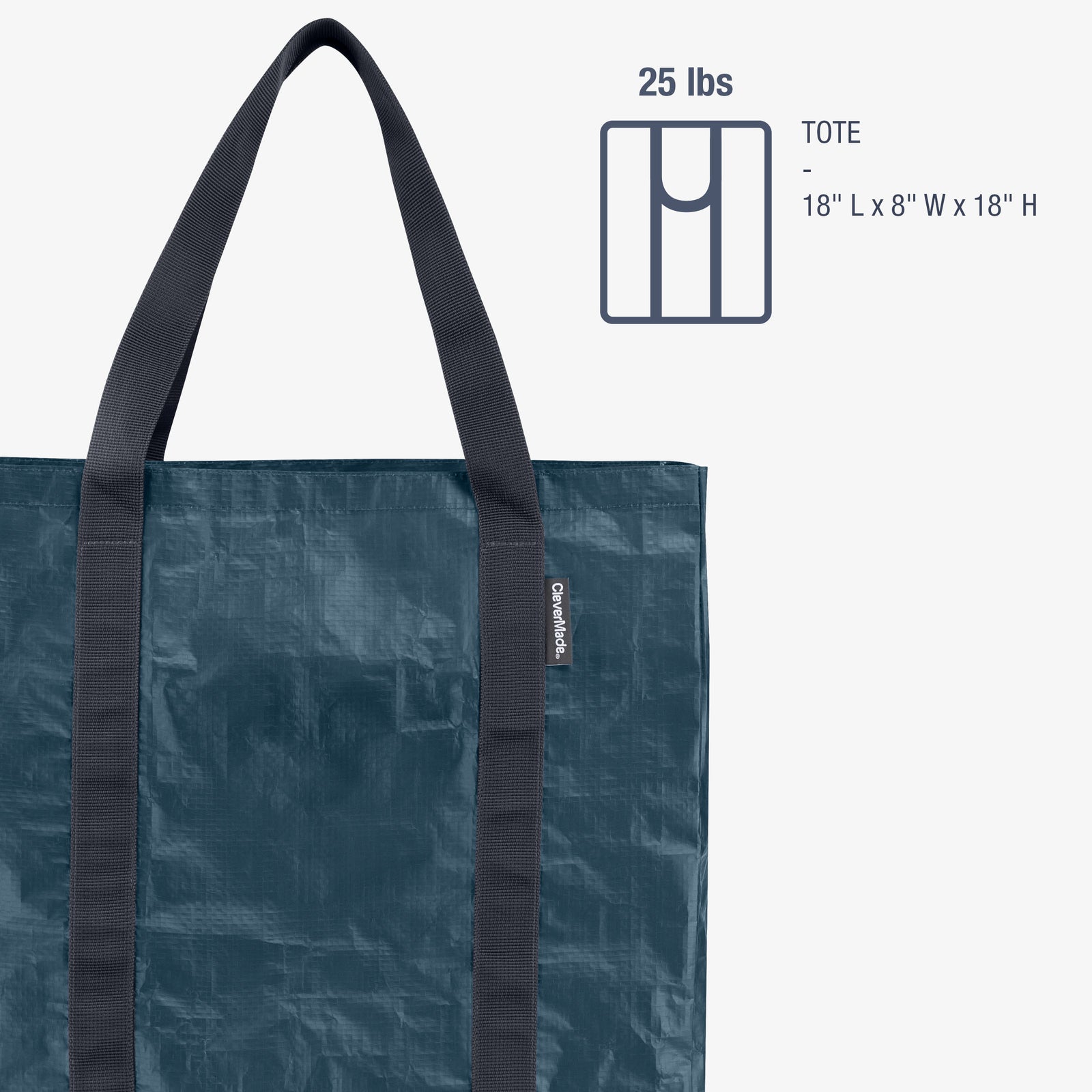 Blue reusable storage tote bag with black handles on a white background, featuring weight and size information.