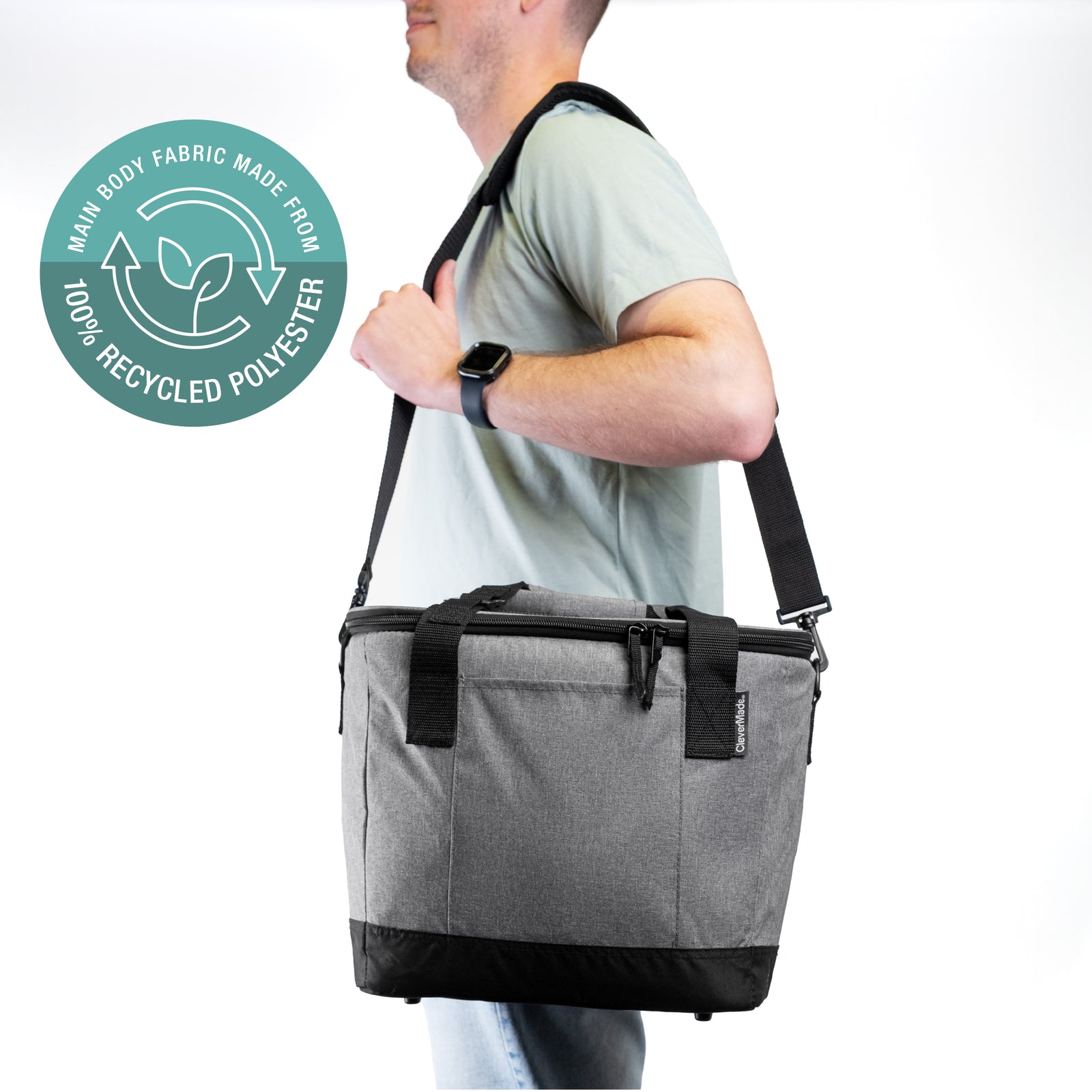 A man carrying Eco Tahoe Collapsible Cooler bag (30 can) that is made of 100% recycled polyester