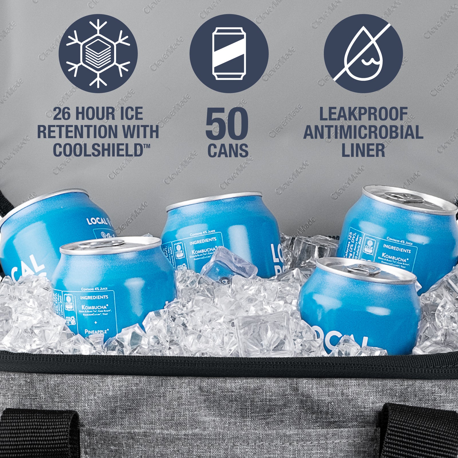 Eco Tahoe Collapsible Cooler bag (50 can) with blue cans in ice