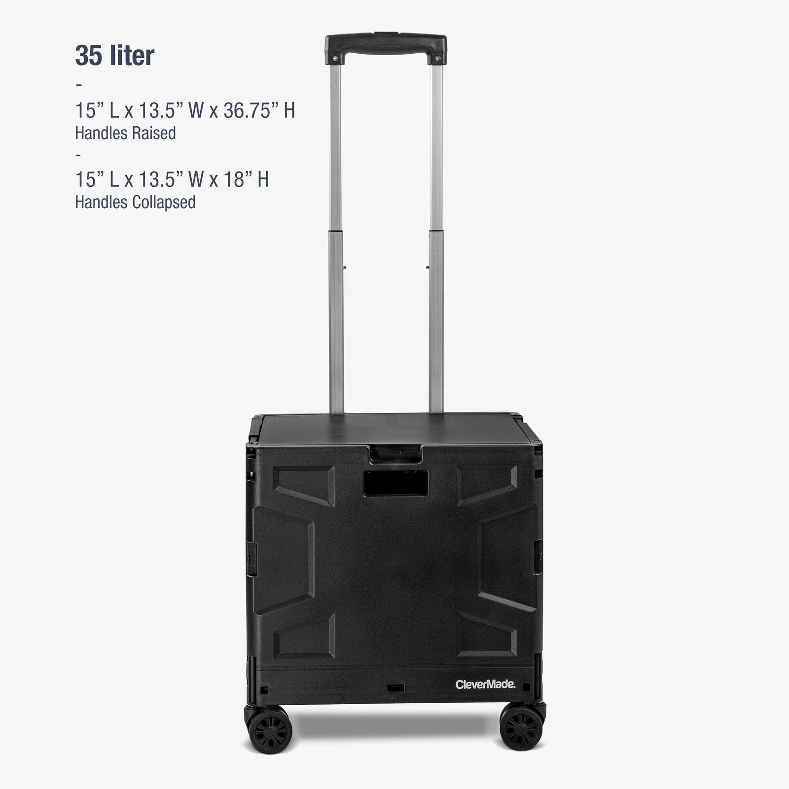 A collapsible wheeled crate with four wheels, a retractable handle, in a black color scheme, with brand CleverMade.
