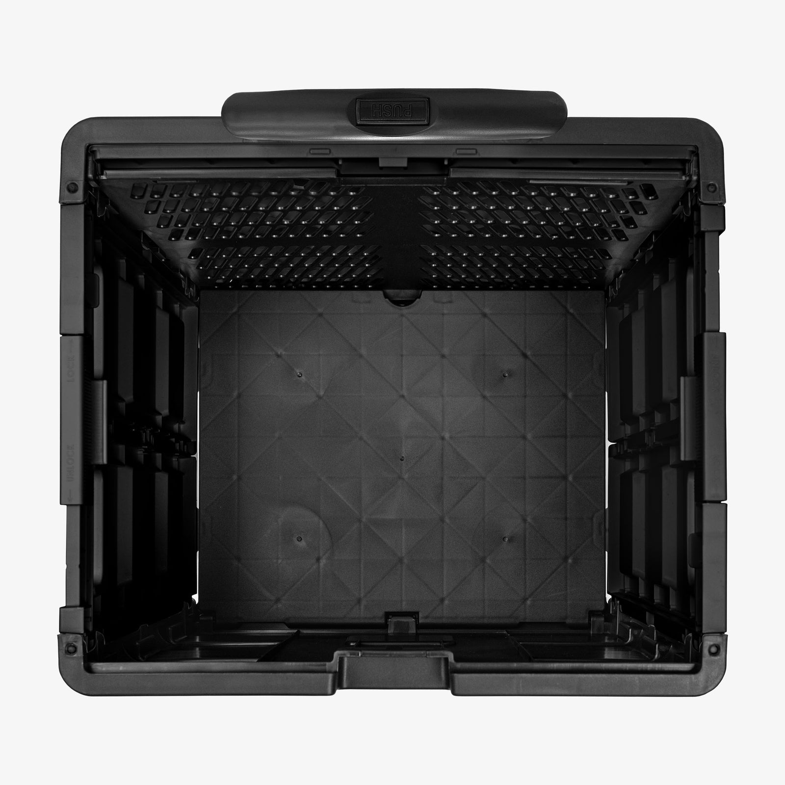 Top view of the black collapsible wheeled crate with four wheels