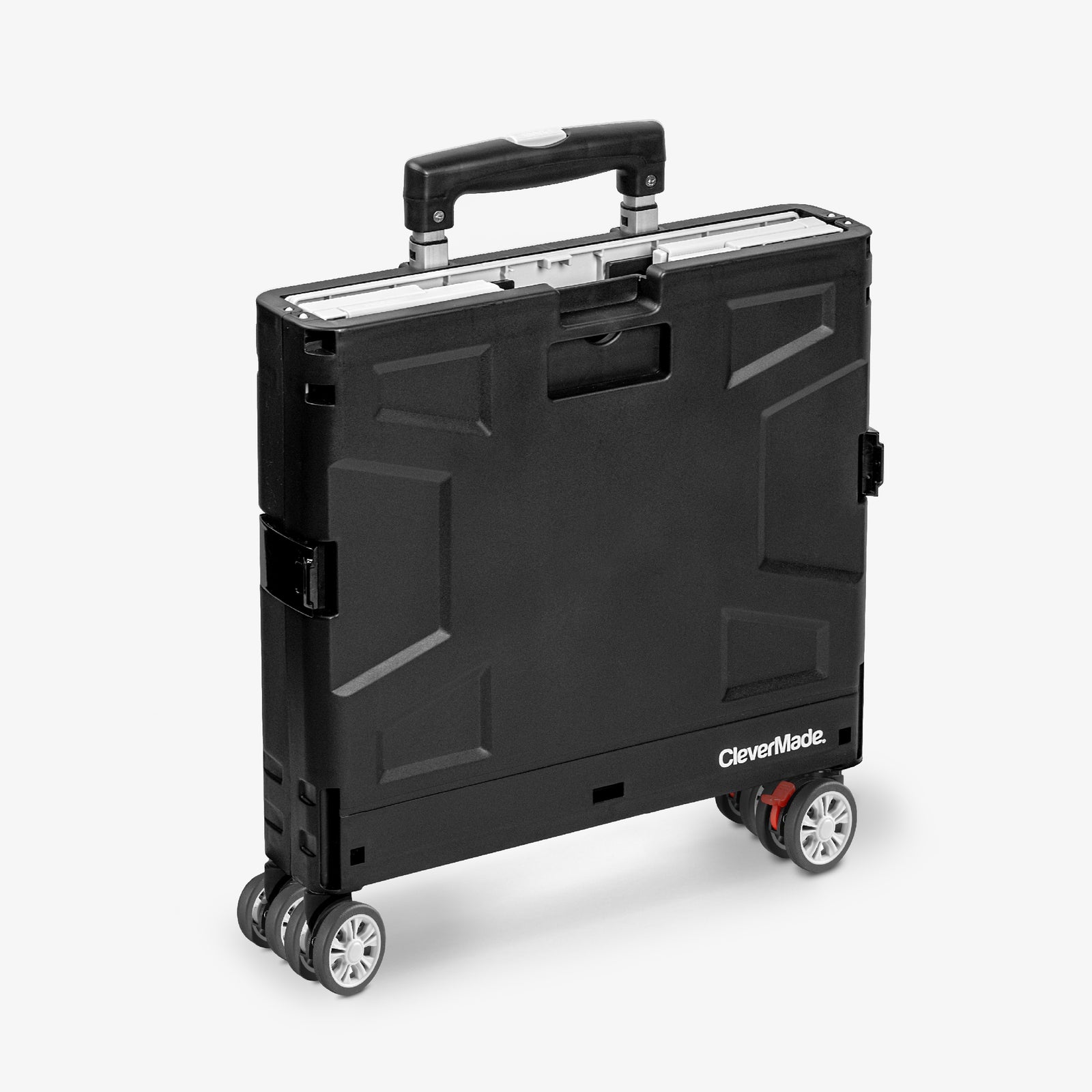 A folded collapsible wheeled crate with four wheels, a retractable handle, and a black and gray color scheme.