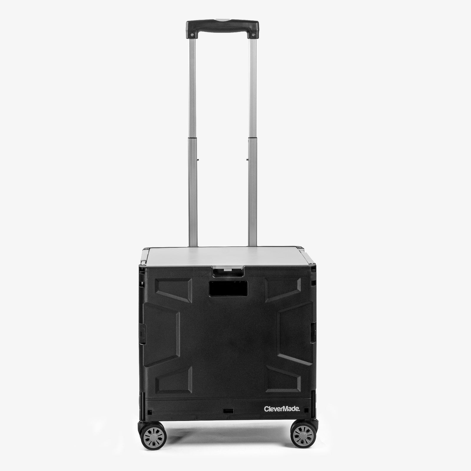 A collapsible wheeled crate with four wheels, a retractable handle, and a black and gray color scheme, with brand CleverMade.