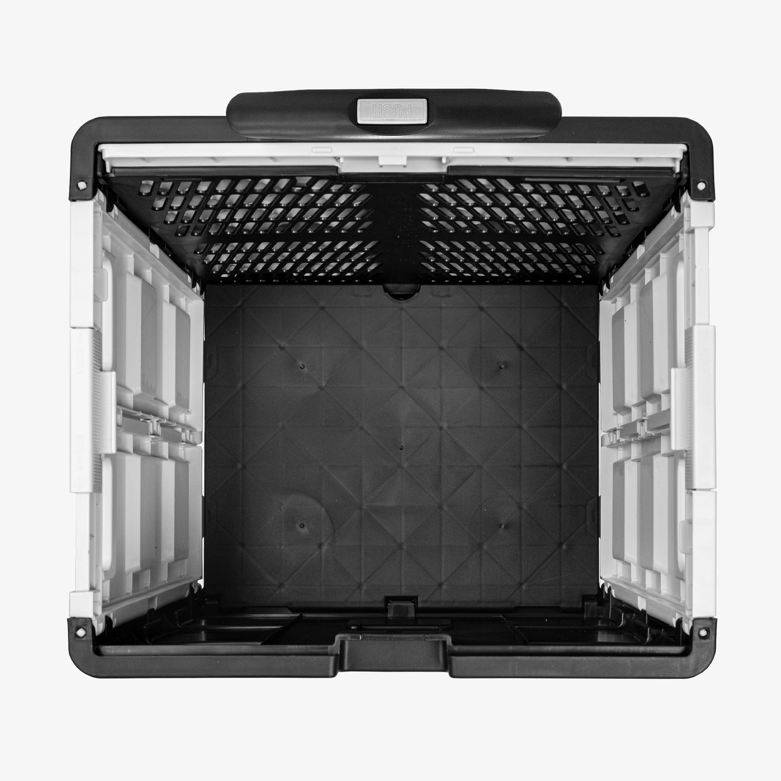 Top view of the gray-black collapsible wheeled crate with four wheels