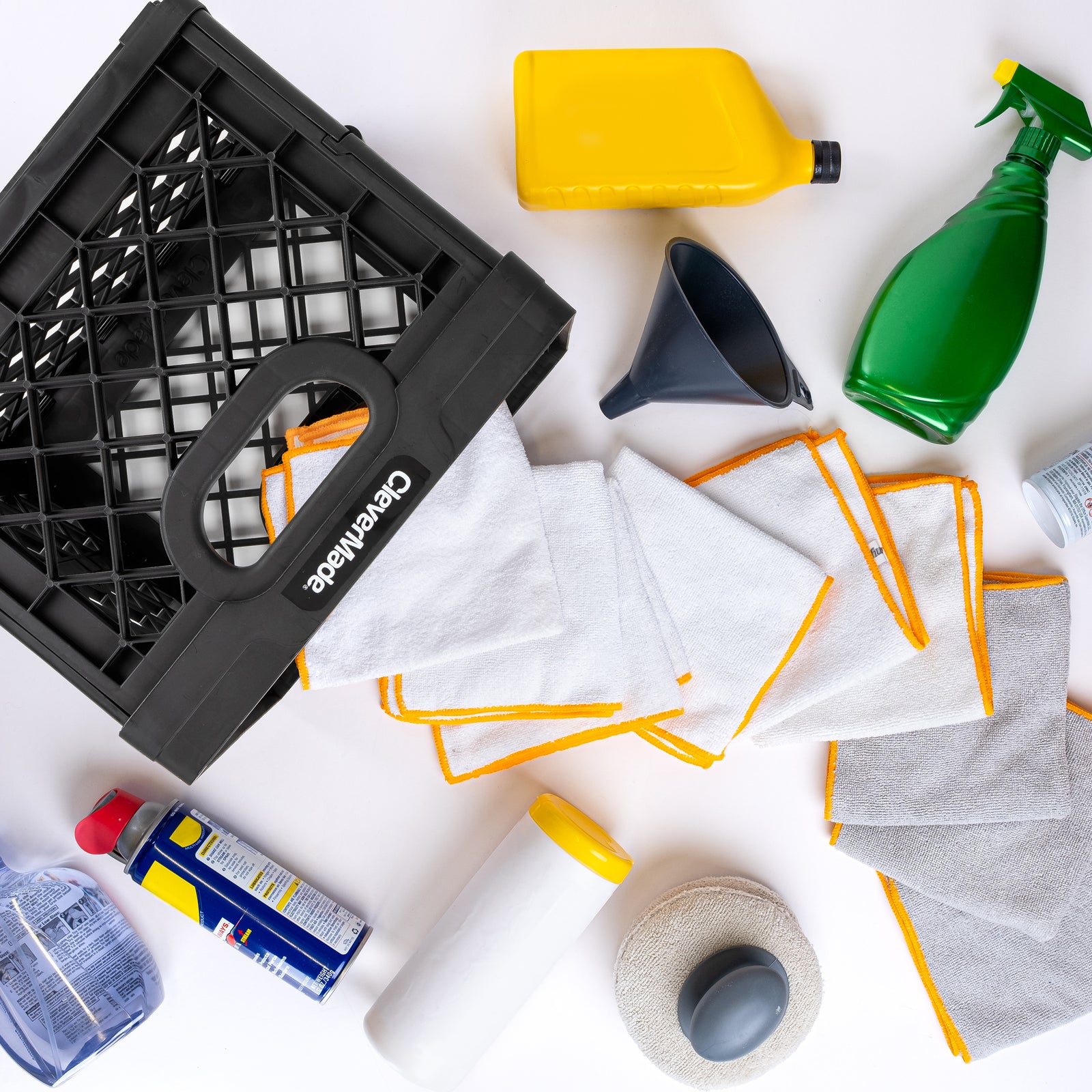 colored milk crates storage with cleaning supplies and car cleaning supplies