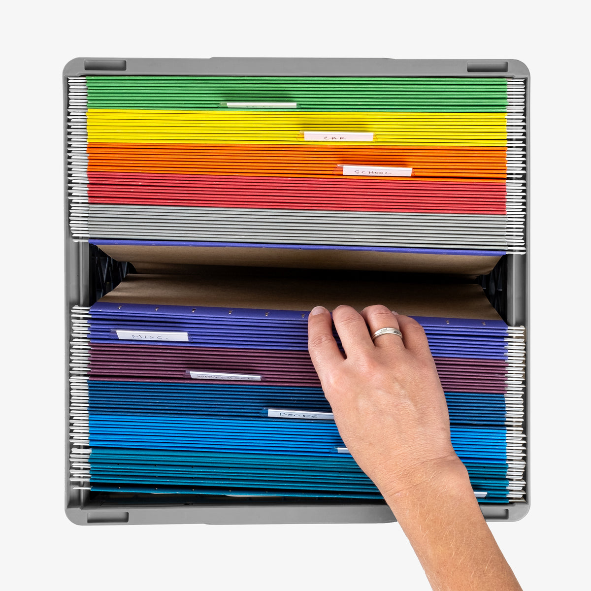 milk crate with hanging file folders