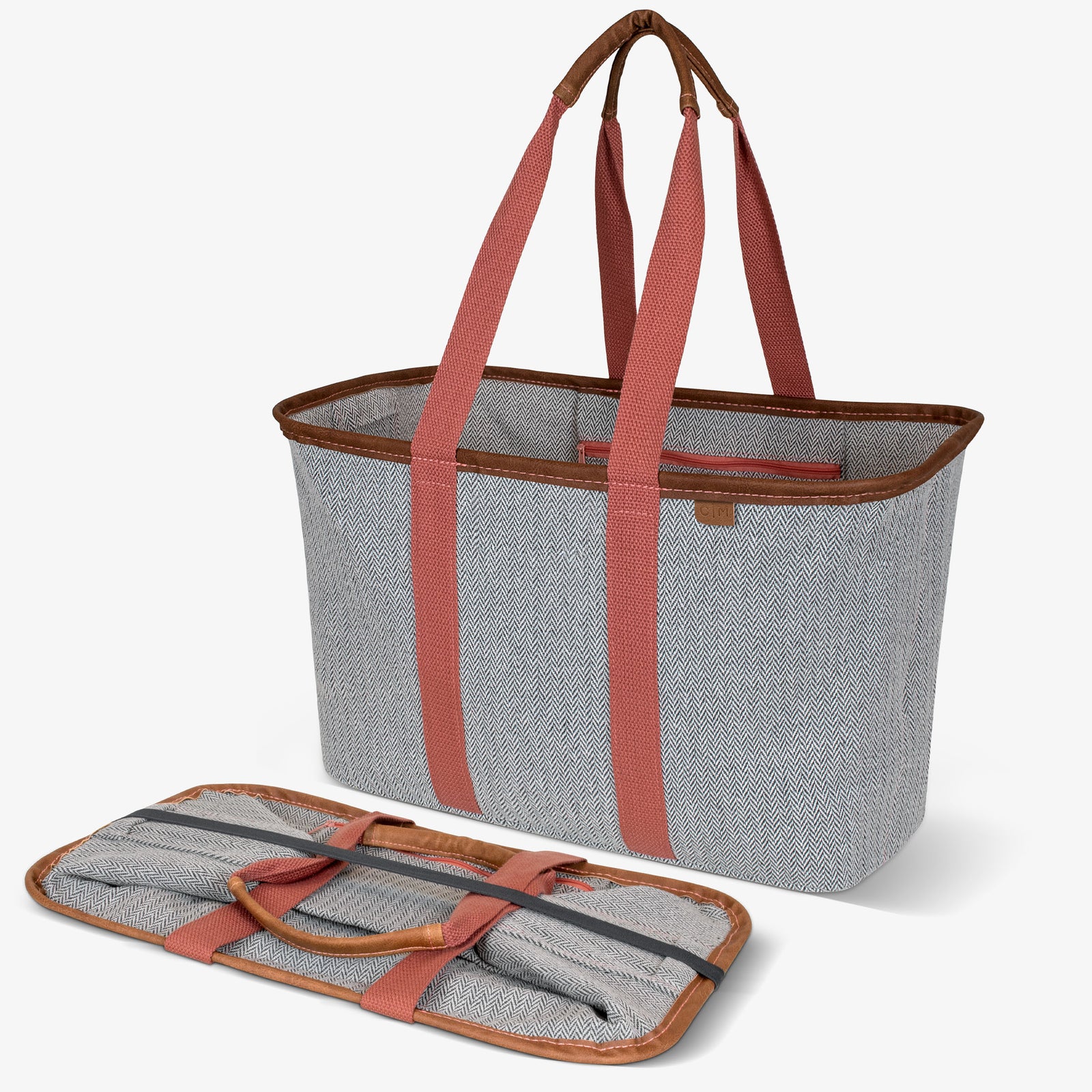 Gray tote bag with red straps and a matching pouch on a white background