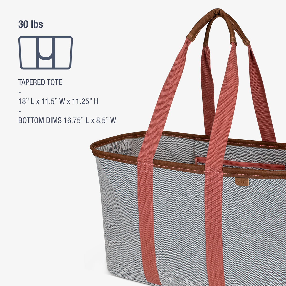 Gray tote bag with red handles on a white background