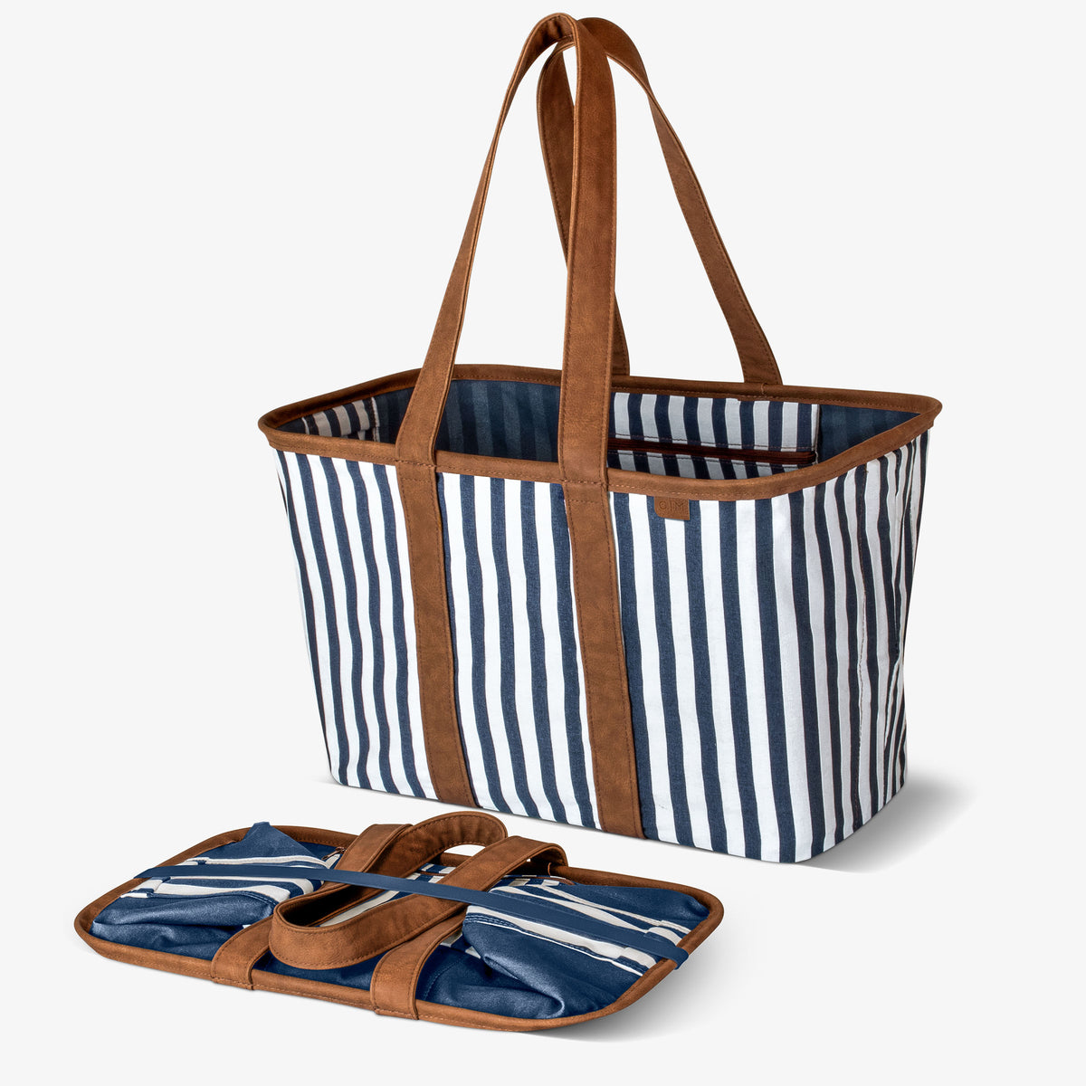 Striped tote bag with brown handles on a white background