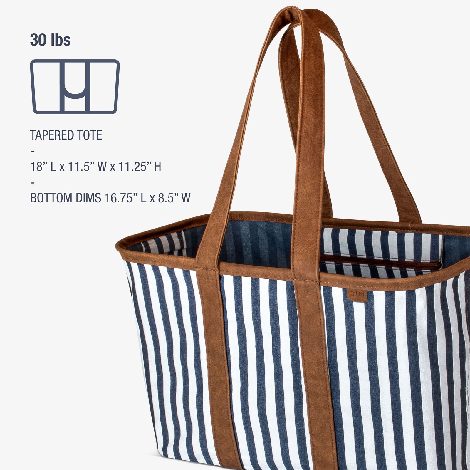 Striped tote bag with brown handles on a white background