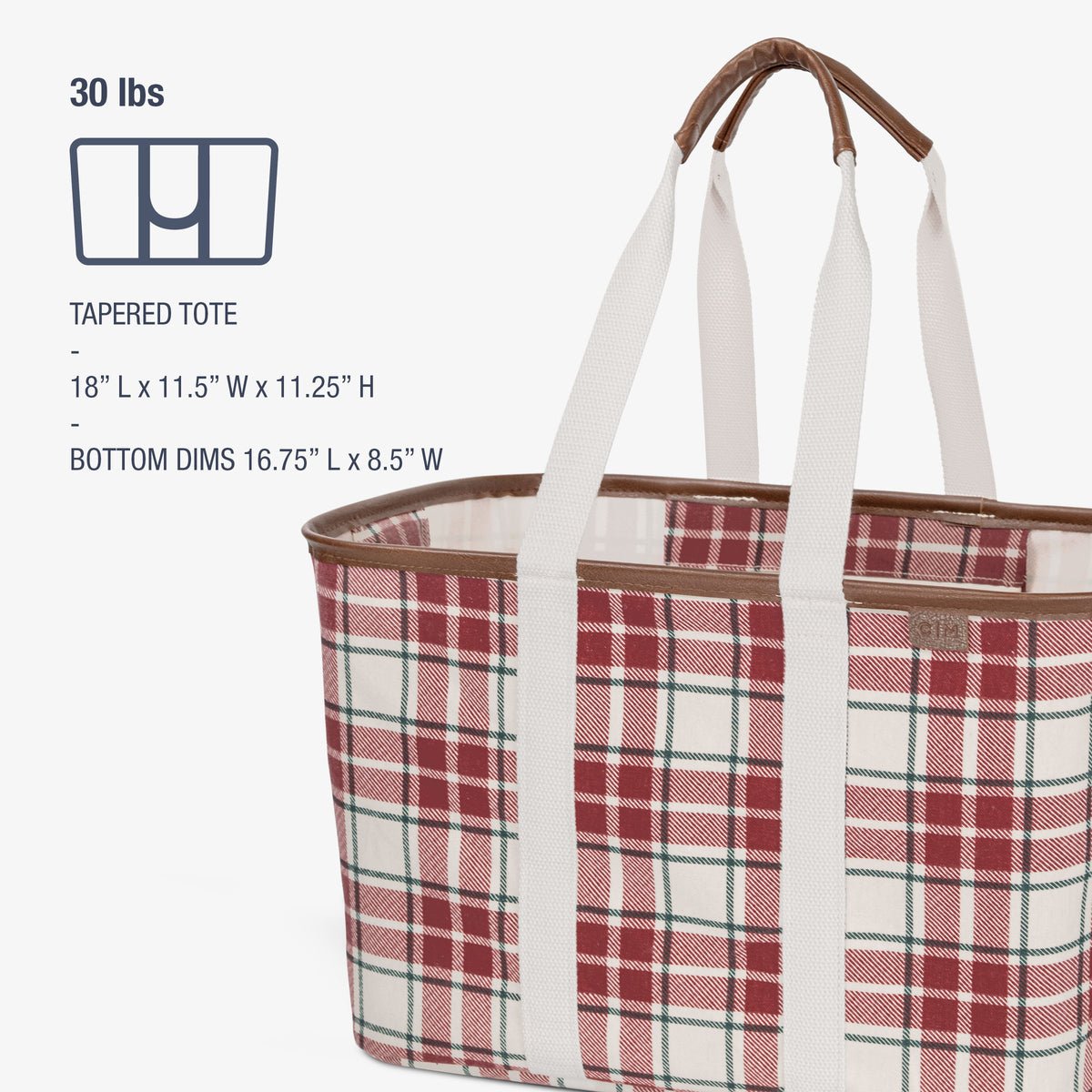 Plaid tote bag with white straps on a white background
