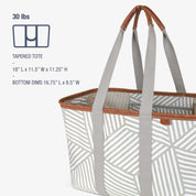 Tapered tote bag with geometric pattern and brown handles on a white background